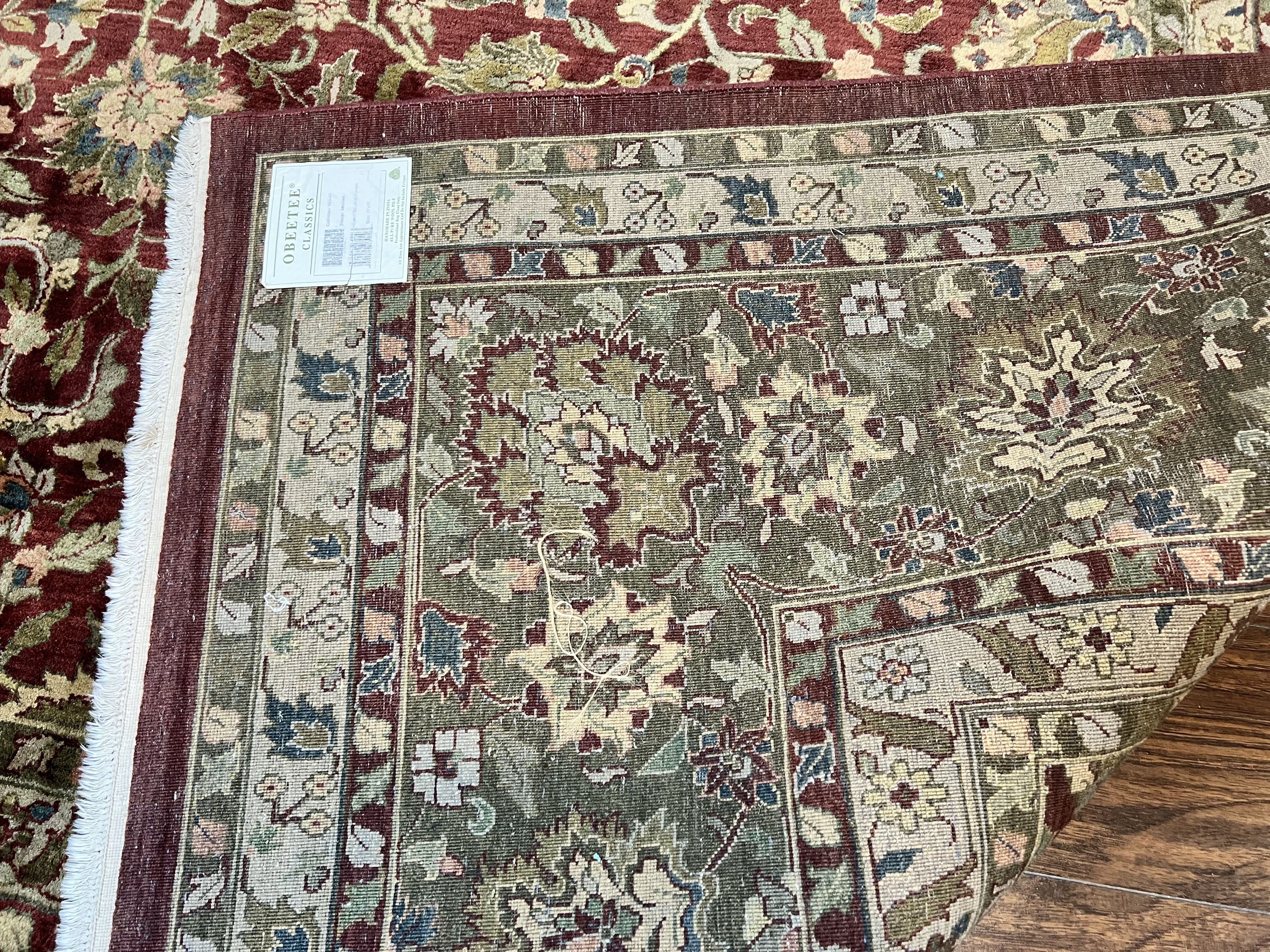 Indian Agra Rug 12x15, Oversized Extra Large Wool Hand Knotted Vintage Oriental Carpet, Burgundy & Olive Green, Floral Allover Rug 12 x 15 - Jewel Rugs