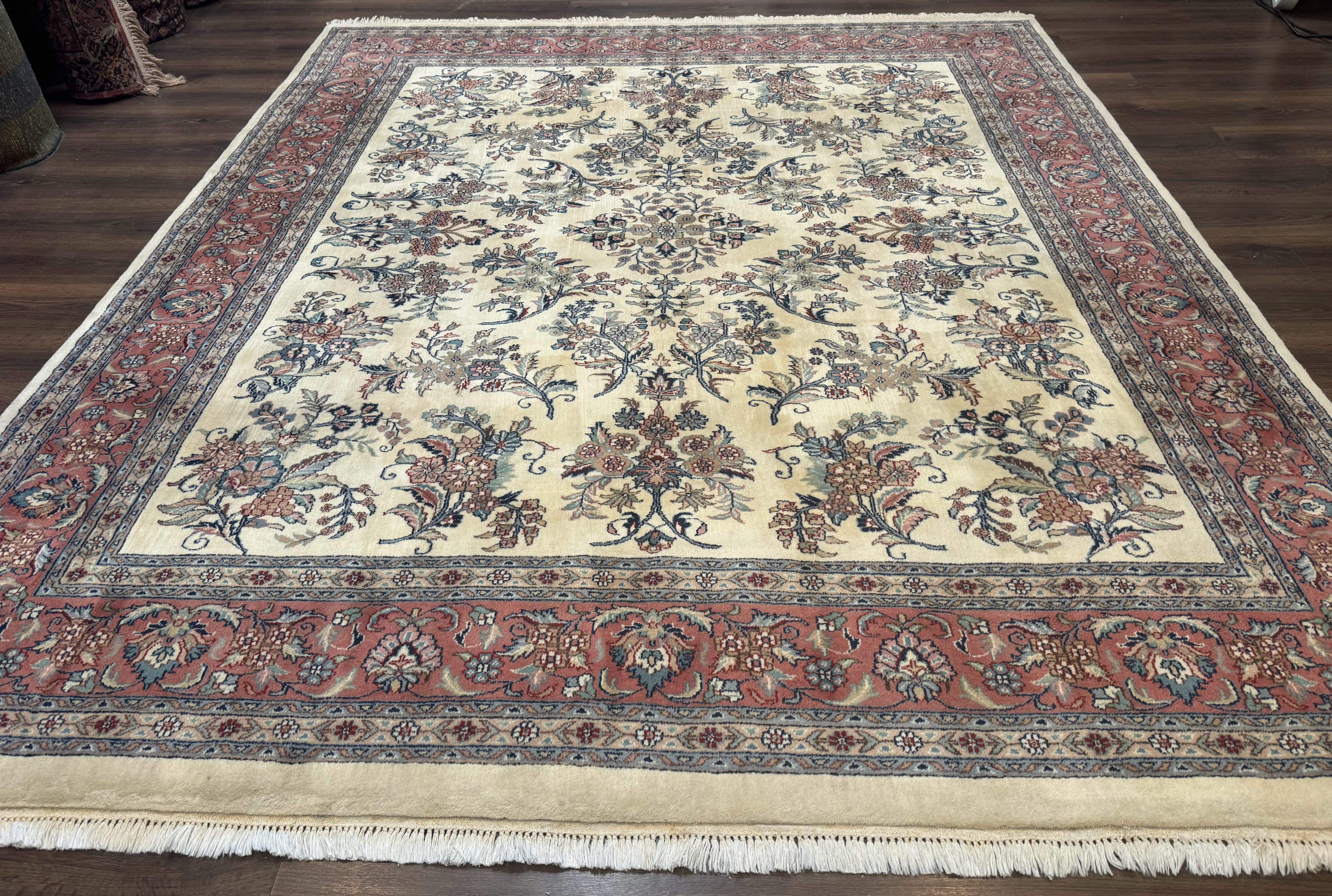 Indo Persian Sarouk Rug 8x10, Ivory and Pink, Floral - Jewel Rugs