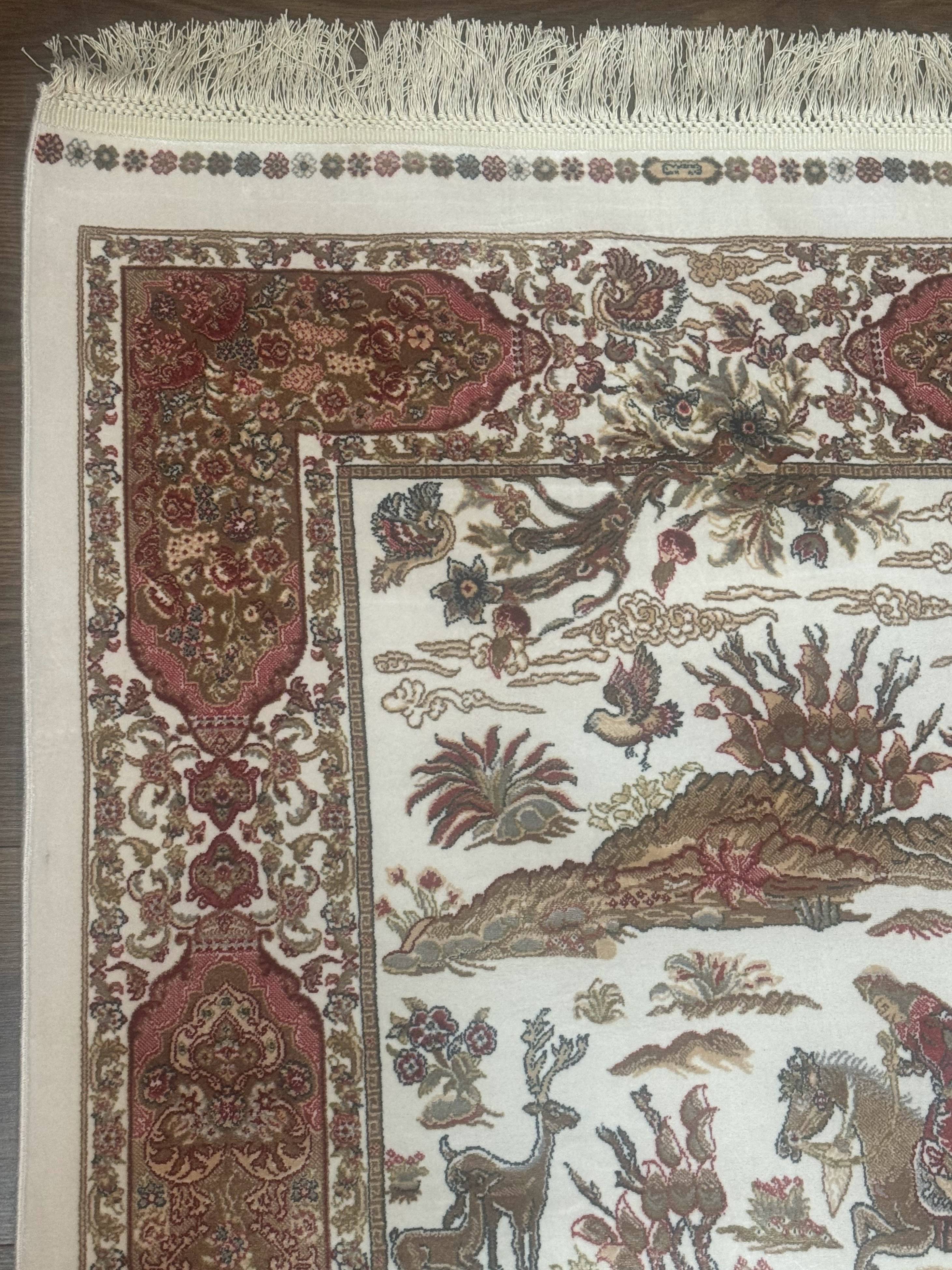 Long Turkish Silk Runner Rug 2.6 x 16.5, Hunting Design, Ivory, Bamboo Silk, New - Jewel Rugs