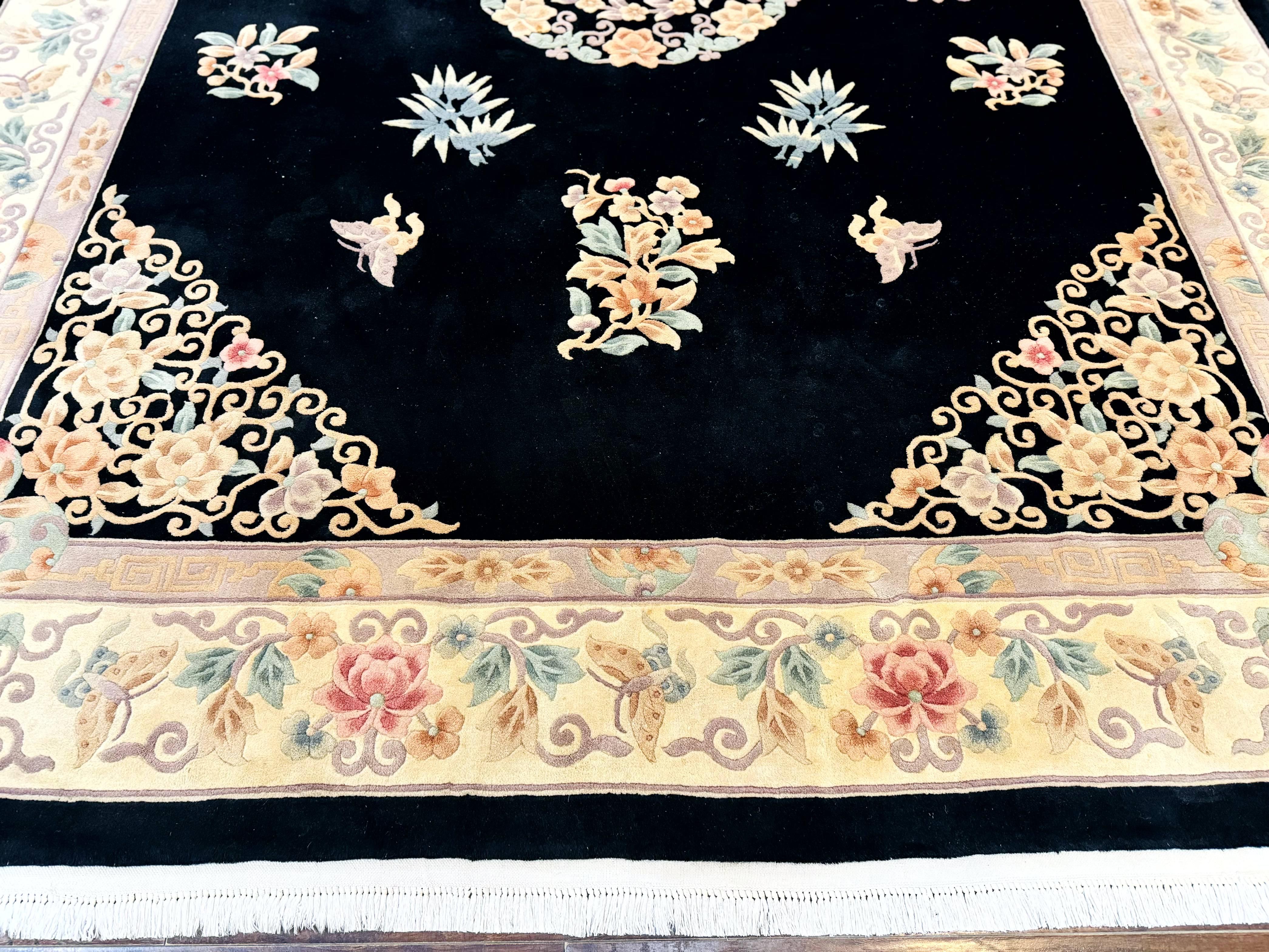 Chinese Wool Rug 9x12, Chinese Carving Carpet, Floral Medallion, Black and Beige, Butterflies, Vintage Asian Oriental Rug, 90 Line Rug - Jewel Rugs