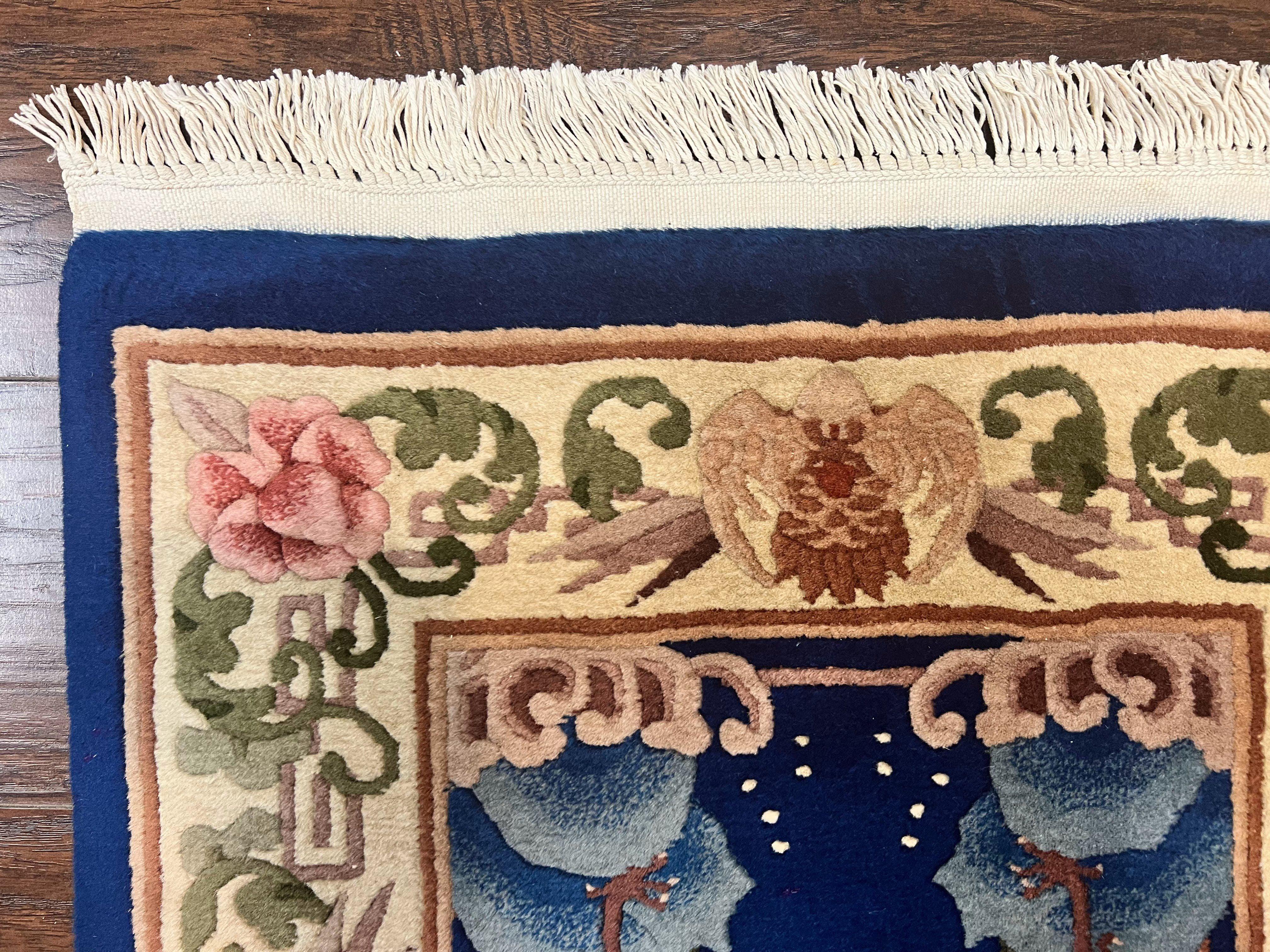 Chinese Wool Runner Rug 2x11, Blue and Beige, Swans, Handmade Vintage Asian Oriental Chinese Carving Rug, Art Deco 2 x 11 ft - Jewel Rugs