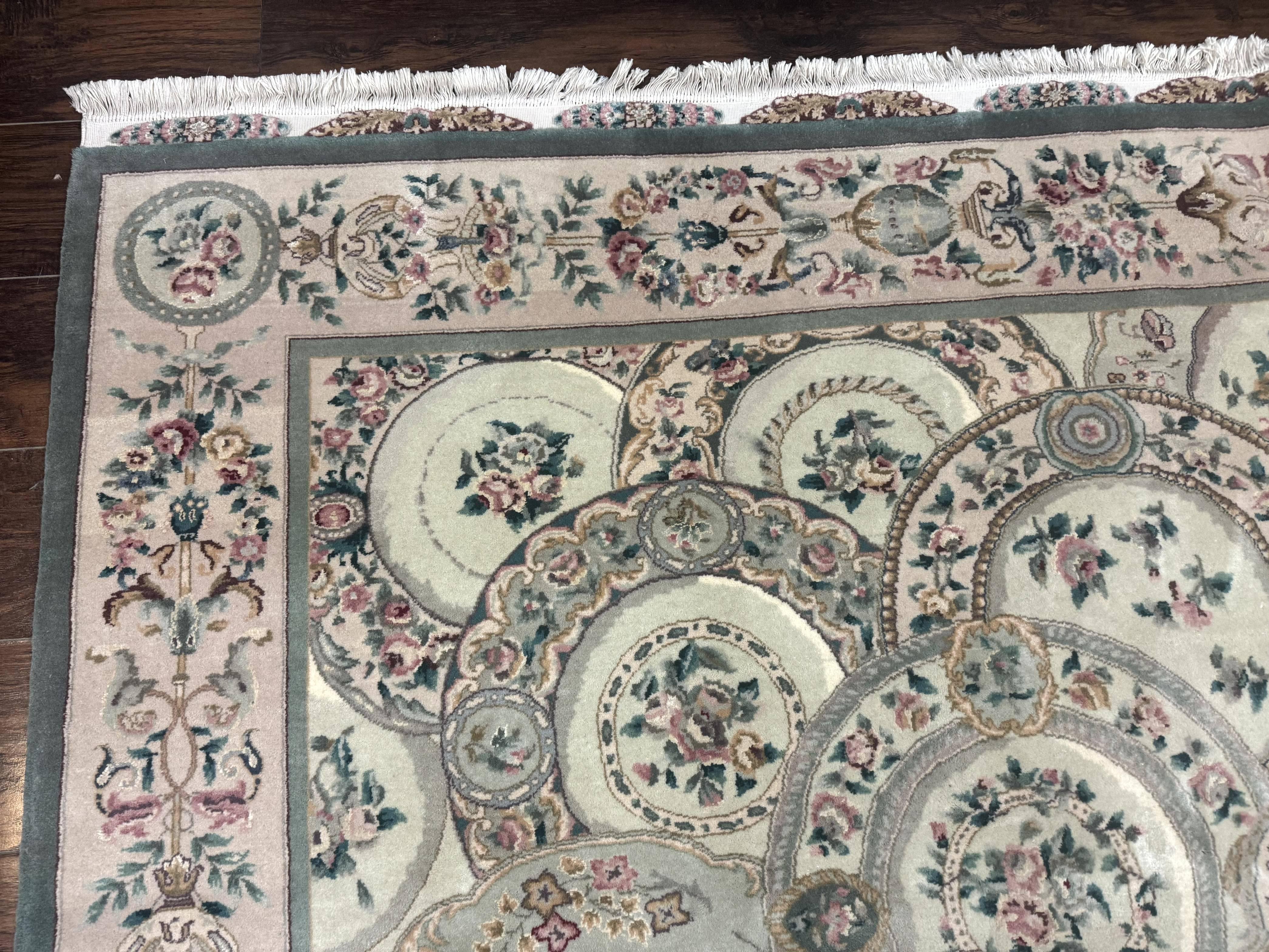 Pak Persian Rug 9x12, Wool with Silk Highlights, European Design, Floral, Green - Jewel Rugs