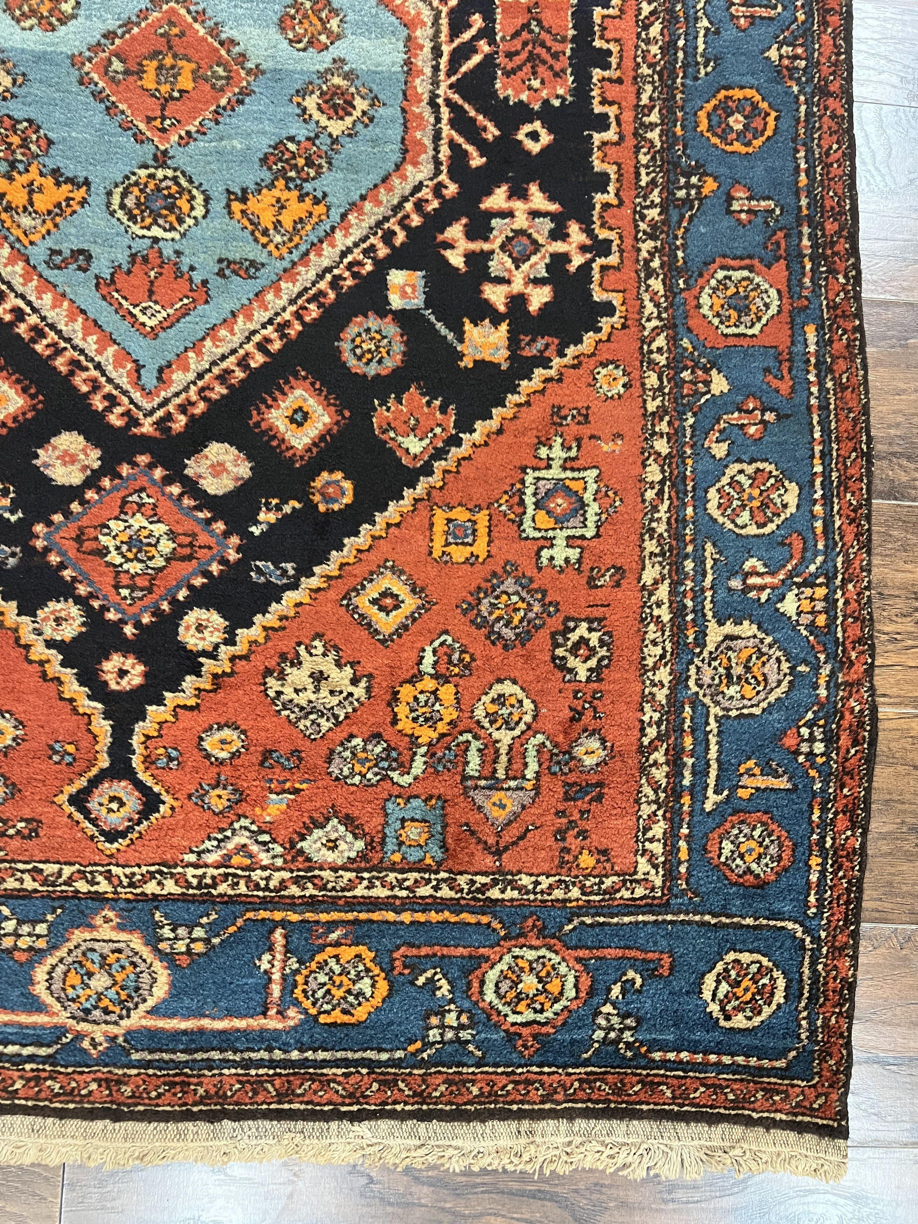 Antique Persian Hamadan Rug 4x6, Red Blue, Hand Knotted Carpet, Geometric, Tribal Rug, Wool Rug 4 x 6 - Jewel Rugs