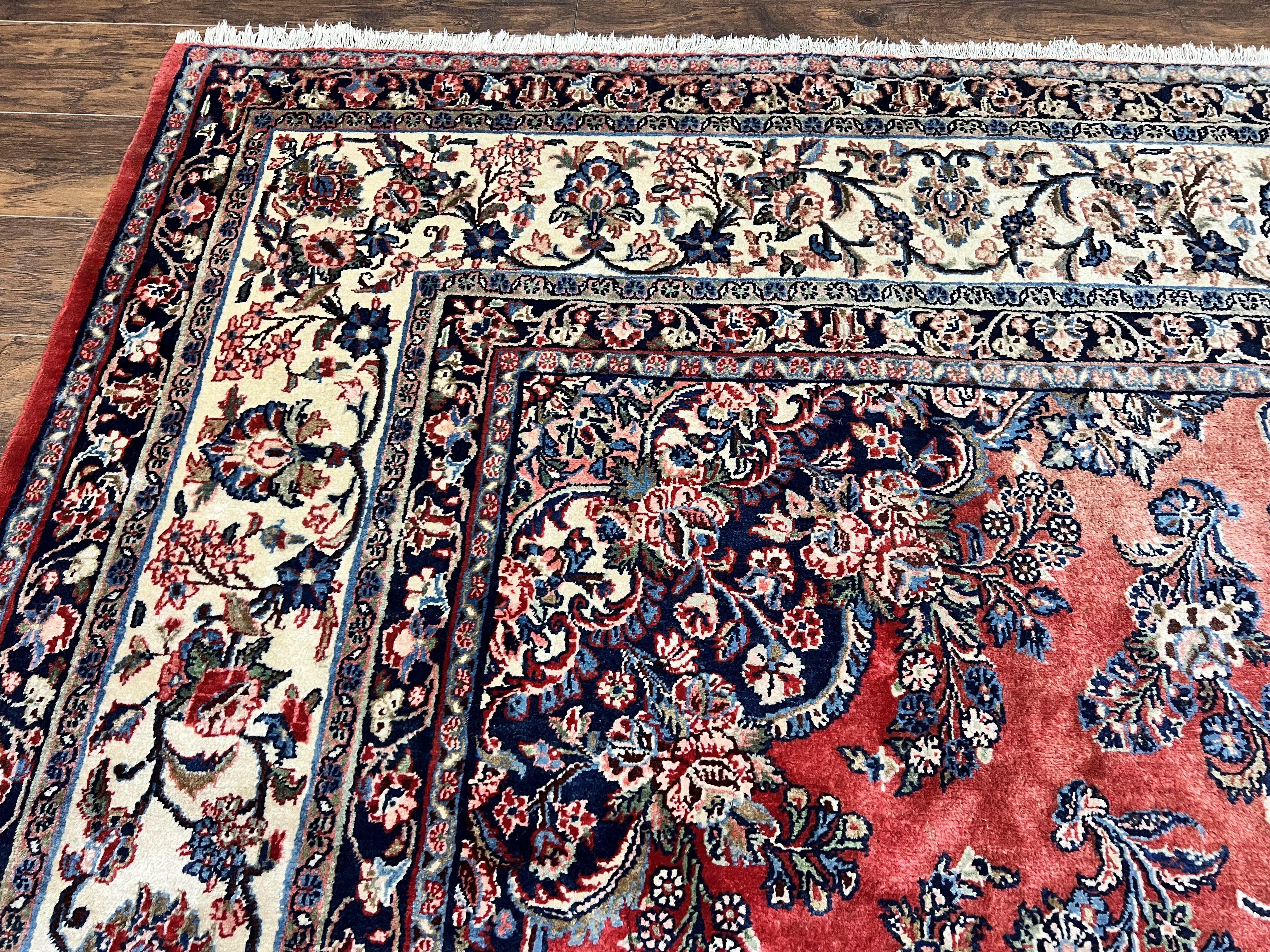 Persian Sarouk Rug 11x13, Wool Hand Knotted Antique Carpet, Red Ivory Traditional Handmade Large Oriental Area Rug 11 x 13, Floral Medallion - Jewel Rugs