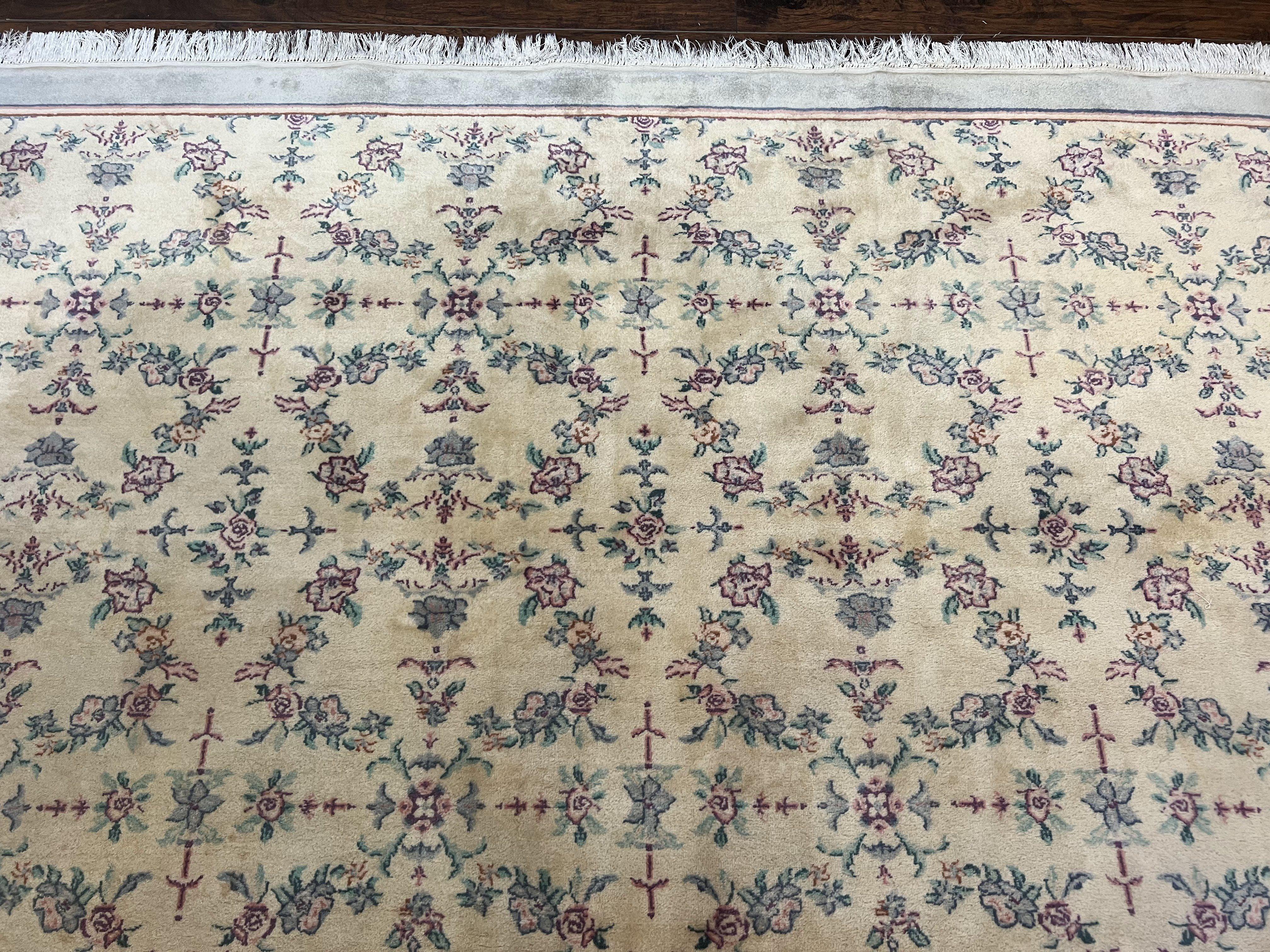 Sino Persian Rug 8x10, Floral, Oatmeal and Light Teal, Handmade Wool Vintage Carpet - Jewel Rugs