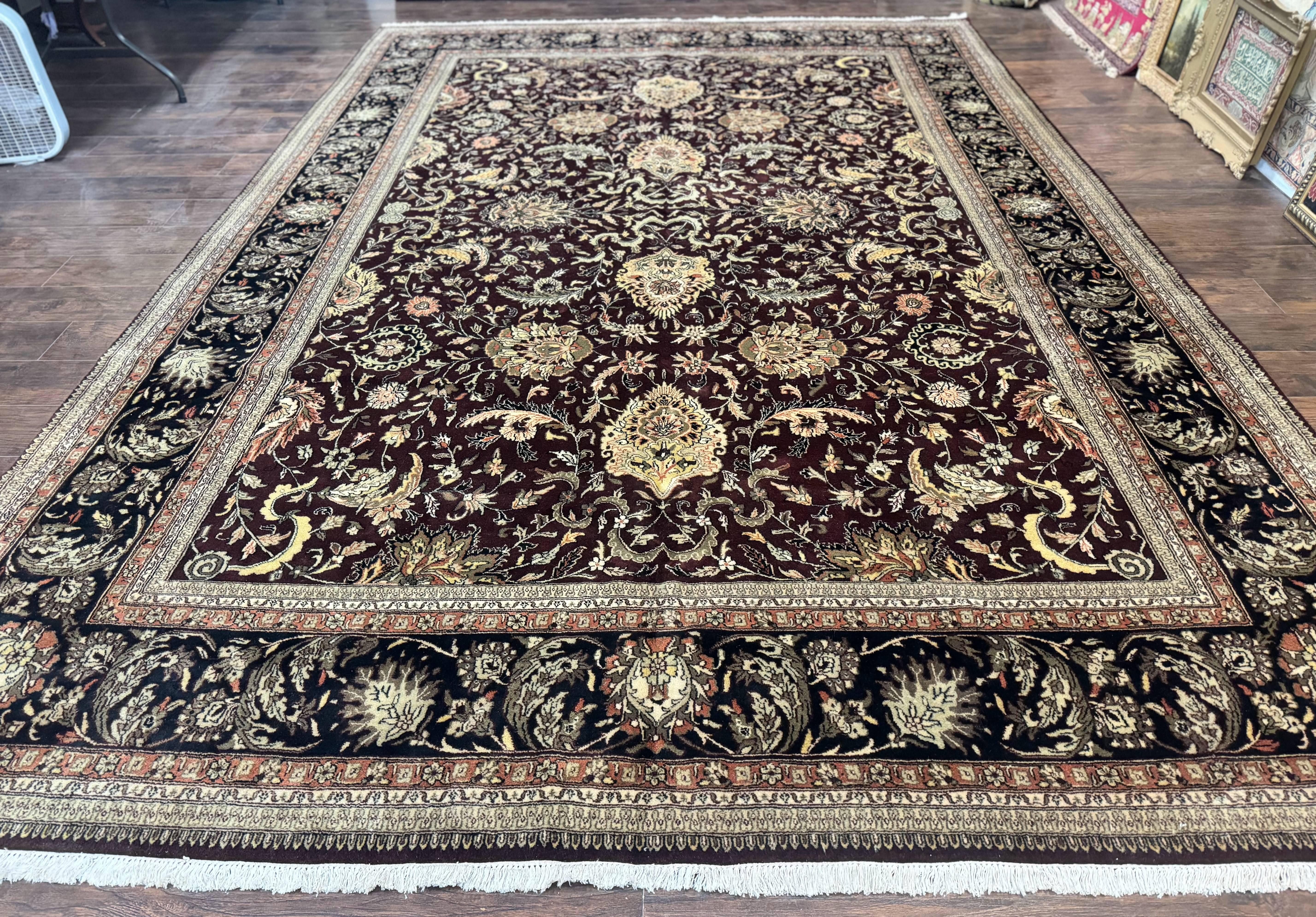 Indo Persian Rug 10x14, Floral Allover, Handmade Vintage Wool Rug, Dark Maroon/Plum and Black - Jewel Rugs