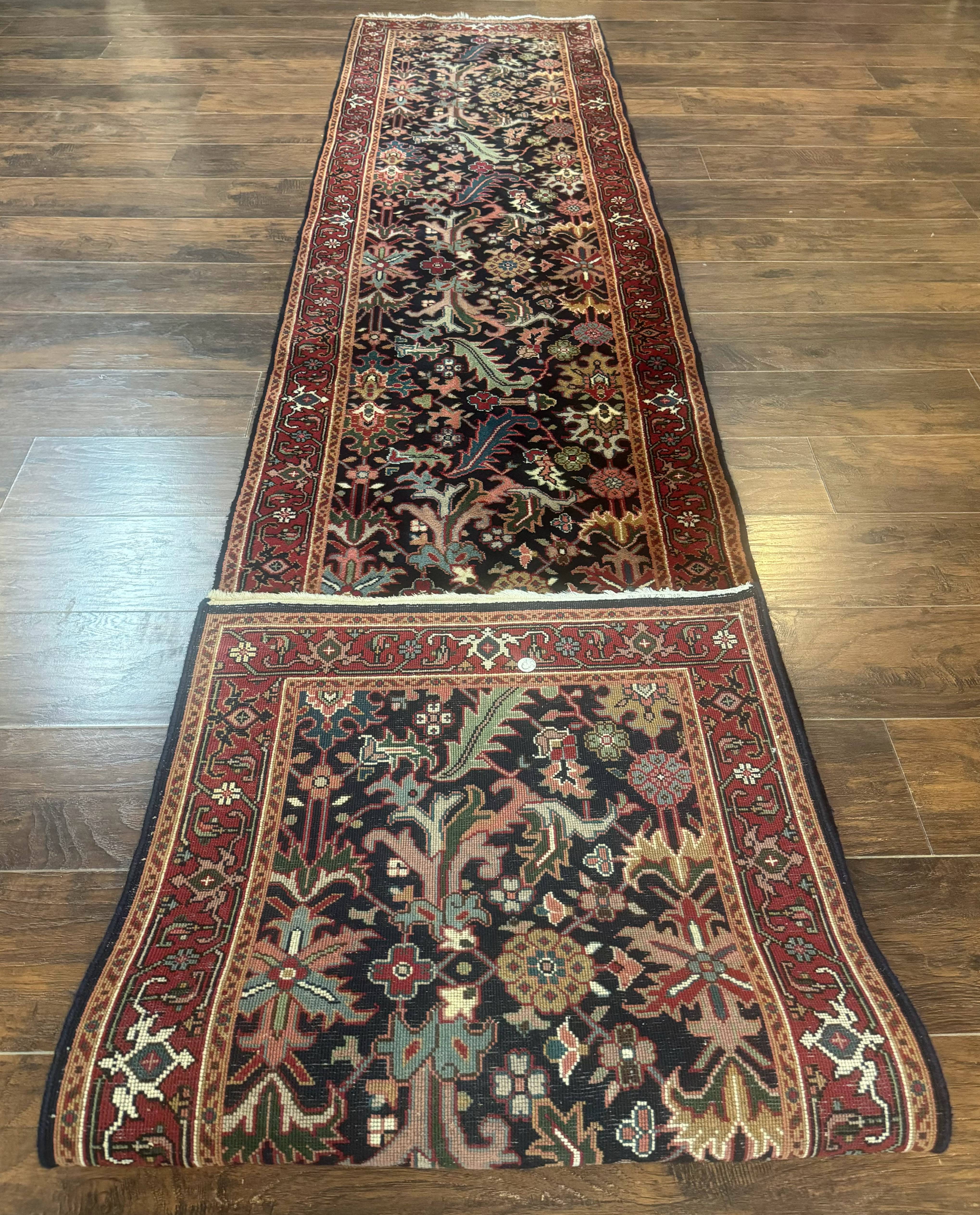 Indo Persian Runner Rug 2.7 x 13, Navy Blue and Red, Allover Floral, Wool, 13ft Runner - Jewel Rugs