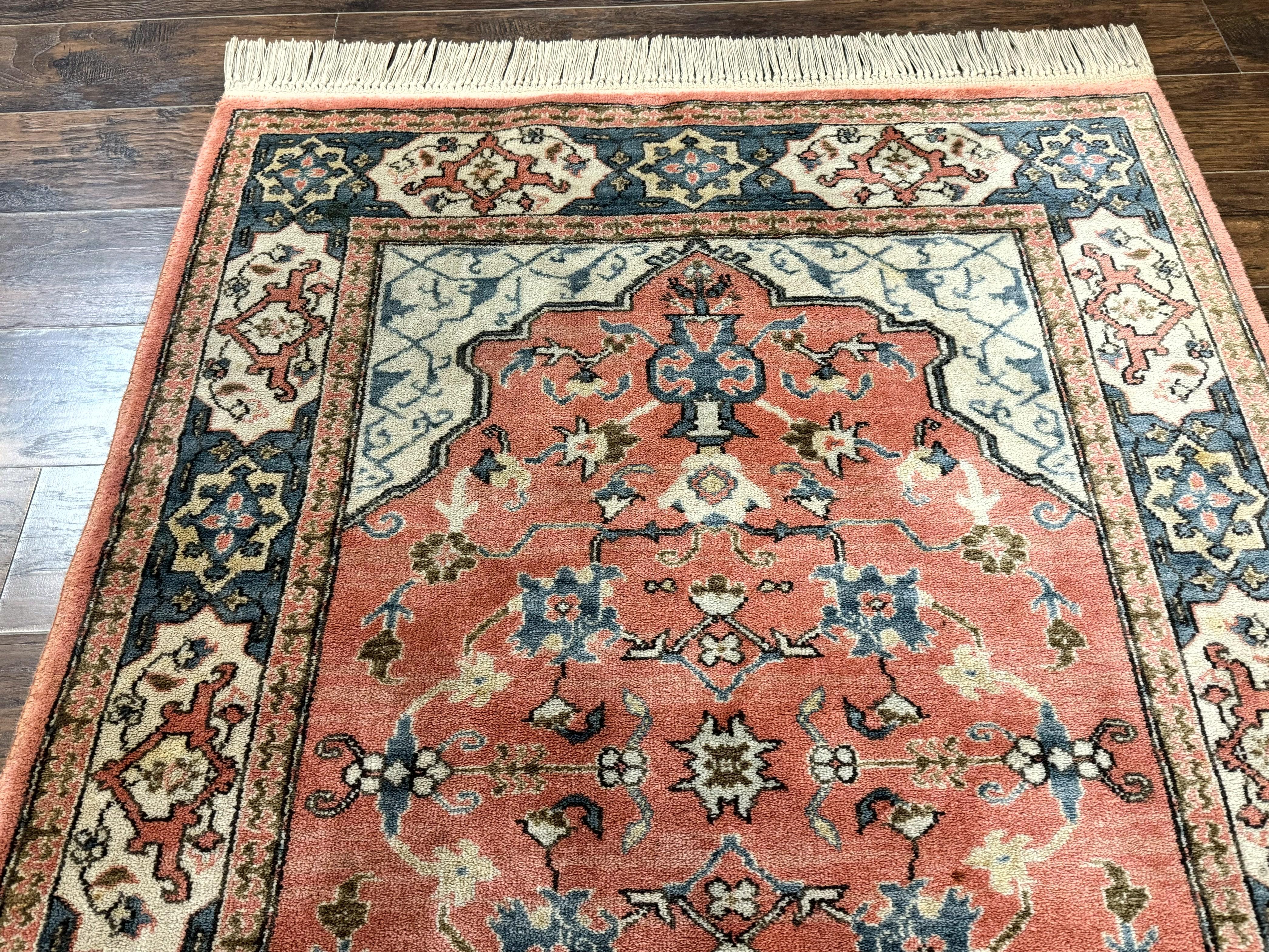 Karastan Rug 4x6 Bergama Design #737, Karastan Area Rug, Vintage Wool Karastan Carpet, Original Collection 700 Series, Salmon Red Light Blue - Jewel Rugs