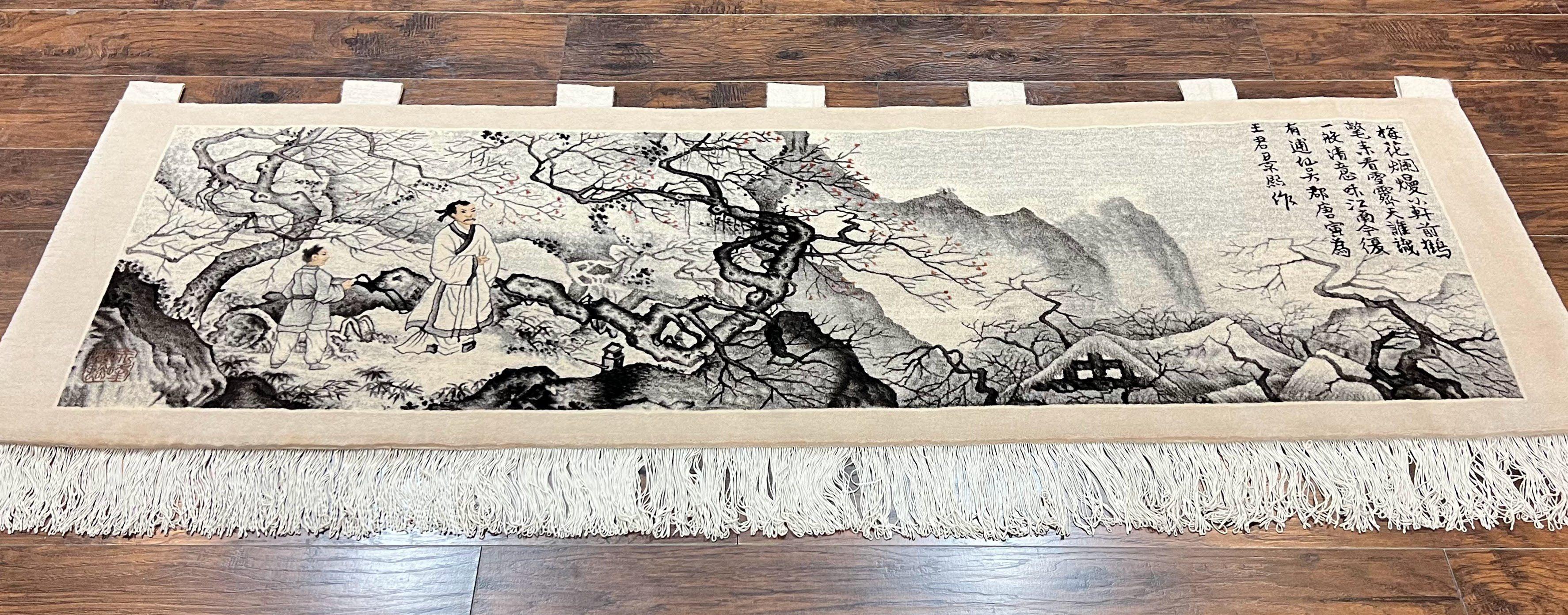 Chinese Wall Hanging Rug 8x3 ft, Samari Pictorial Scene, Hand-Knotted Handmade Vintage Asian Oriental Wall Hanging Tapestry Fine Rug - Jewel Rugs