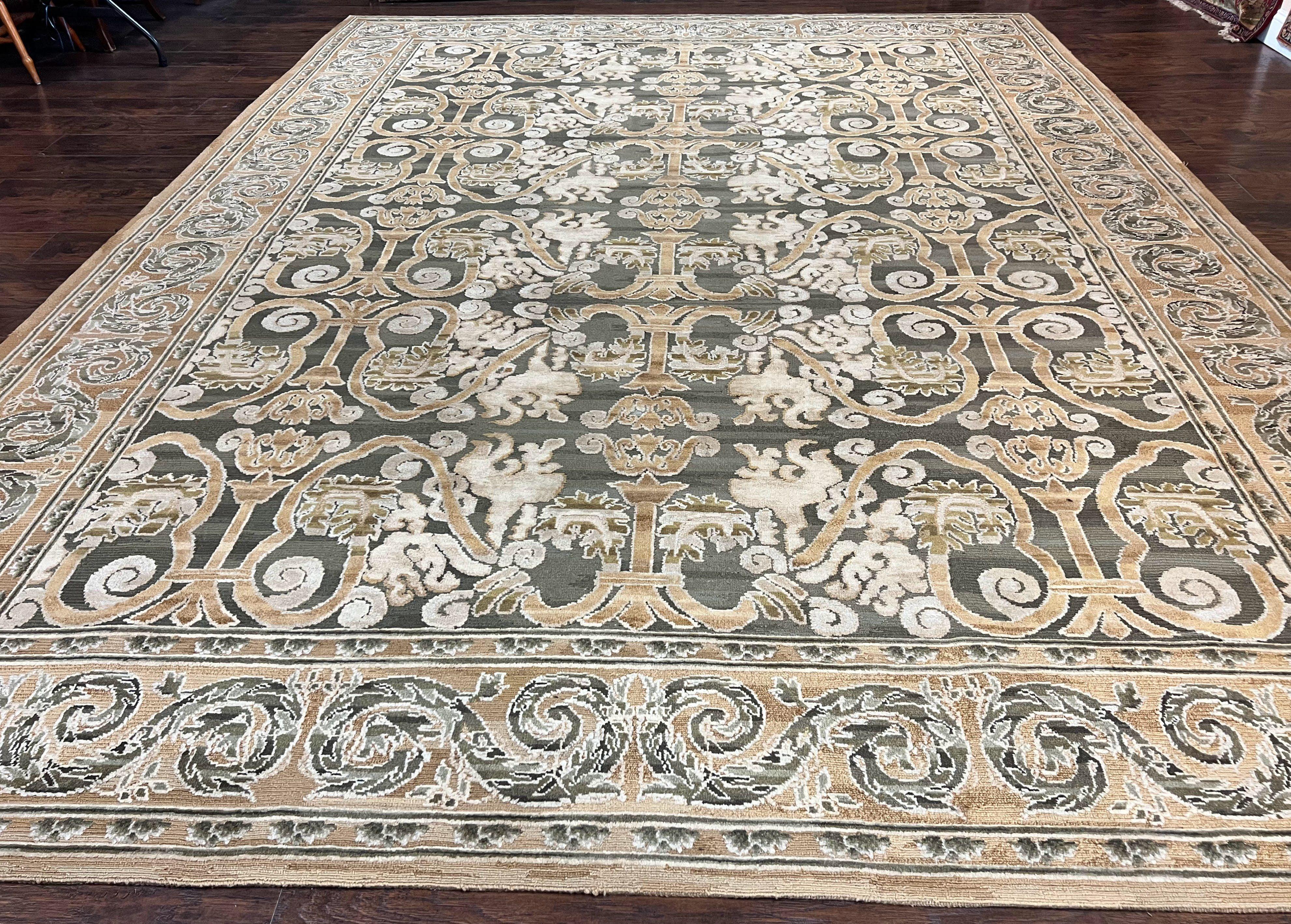 Spanish Rug 11x14, Wool Hand Knotted Vintage Carpet, Olive Green and Beige, Floral Allover, European Design, 11 x 14 Rug - Jewel Rugs