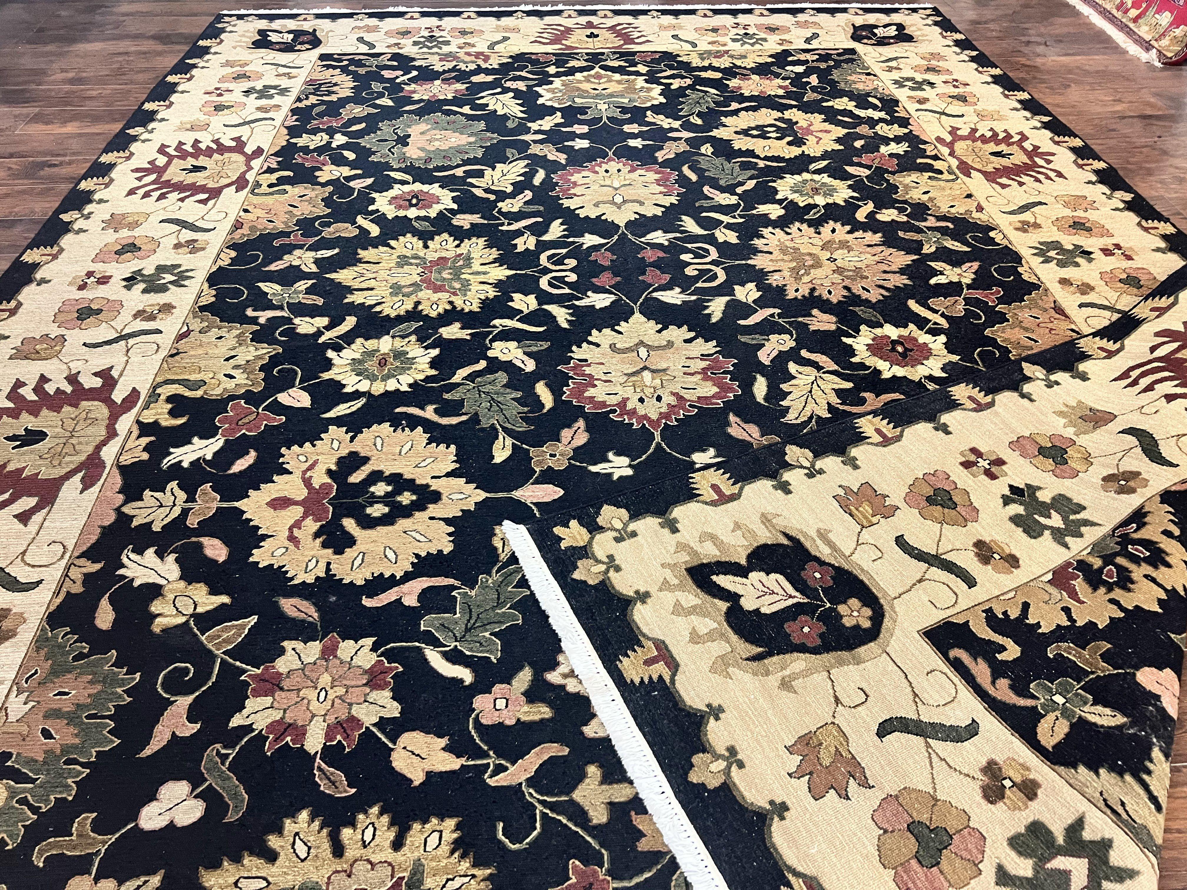 Indo Persian Rug 10x14, Wool Handmade Room Sized Floral Oriental Carpet, Indian Mahal Flatweave Rug, Black Beige - Jewel Rugs