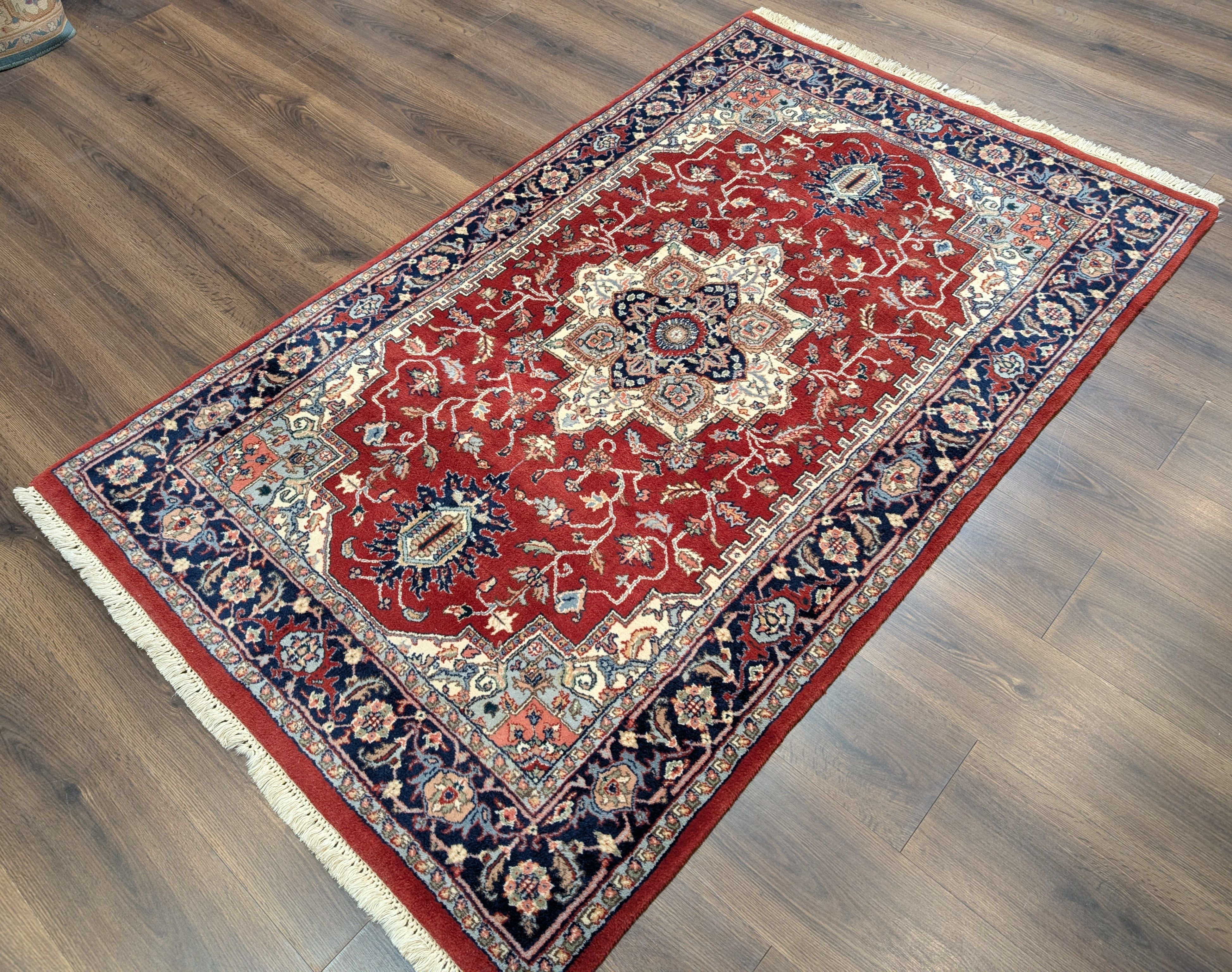 Indo Persian Heriz Rug 4x6, Red and Navy Hand Knotted Traditional Oriental Rug - Jewel Rugs