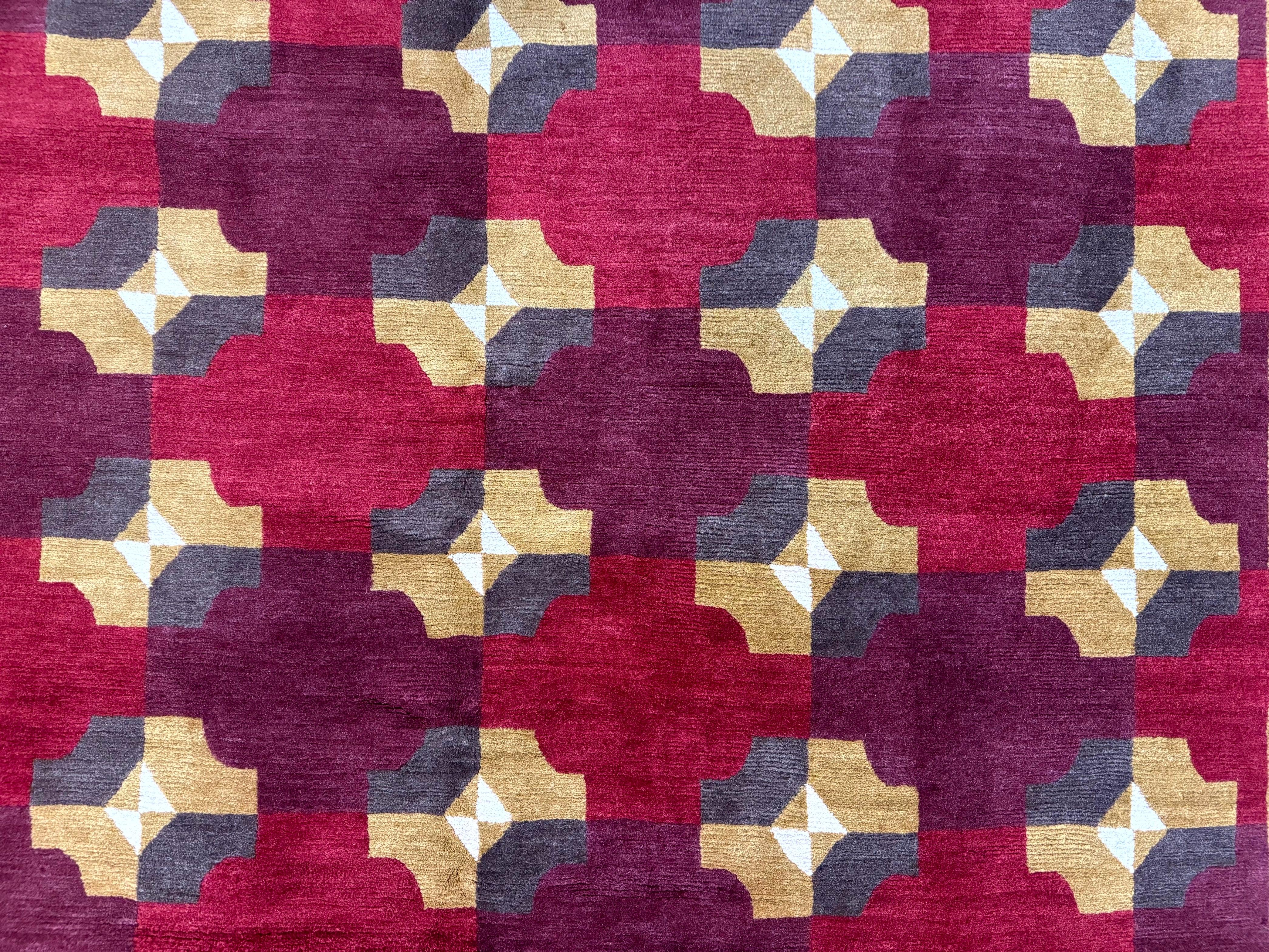 Modern Tibetan Rug 5 x 6.8, Wool, Red, Allover Pattern, Nepali Rug, Abstract Rug, Handmade Area Rug - Jewel Rugs