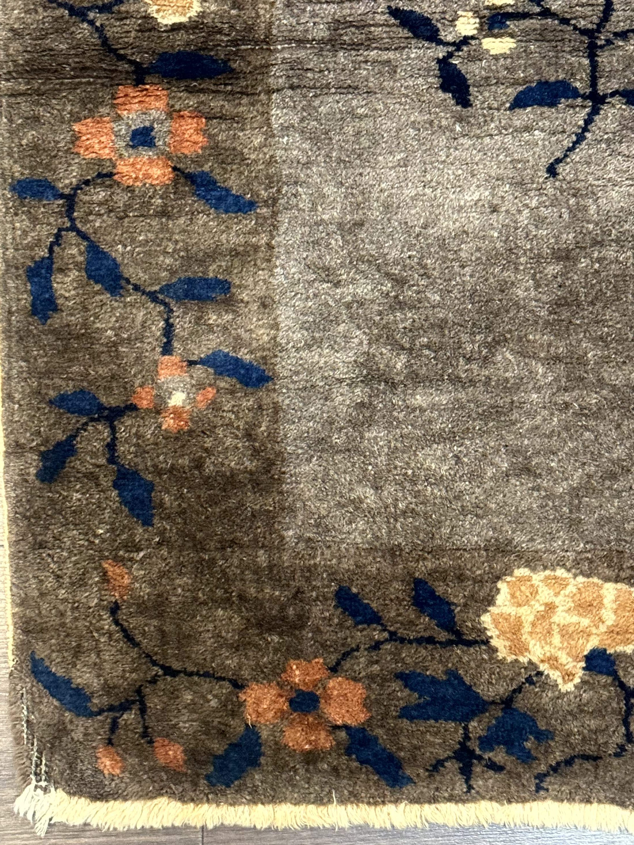 Small Antique Chinese Art Deco Rug 2x3, Nichols Rug, Gray and Brown, Wool Hand Knotted - Jewel Rugs