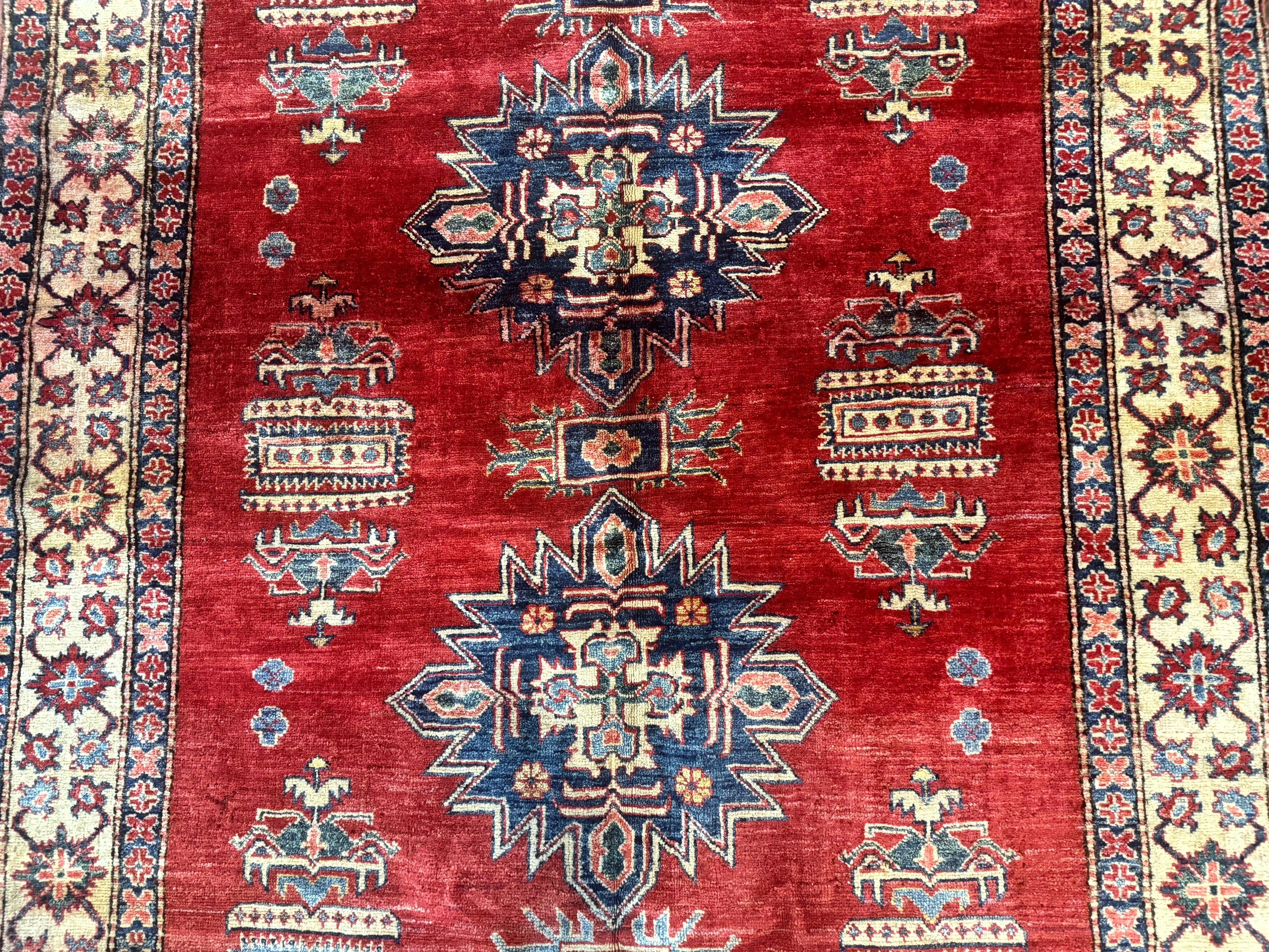Square Turkish Rug 6x6, Azerbaijani Azeri Turkish Armenian Rug, Red Tan Blue, Geometric, Wool Carpet - Jewel Rugs