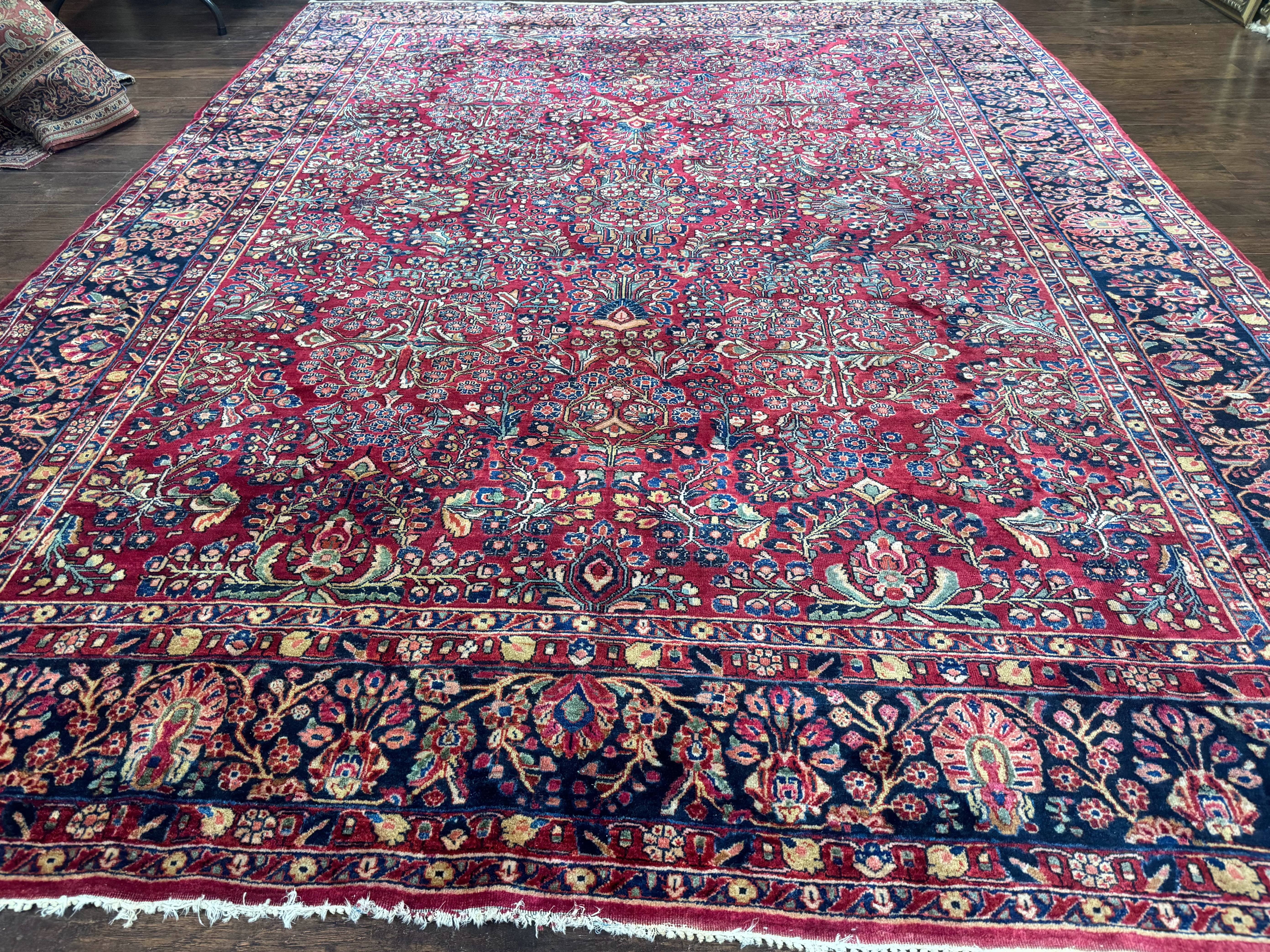 Antique Persian Sarouk Rug 9x12, Red and Blue, Large, Wool, Floral Allover - Jewel Rugs
