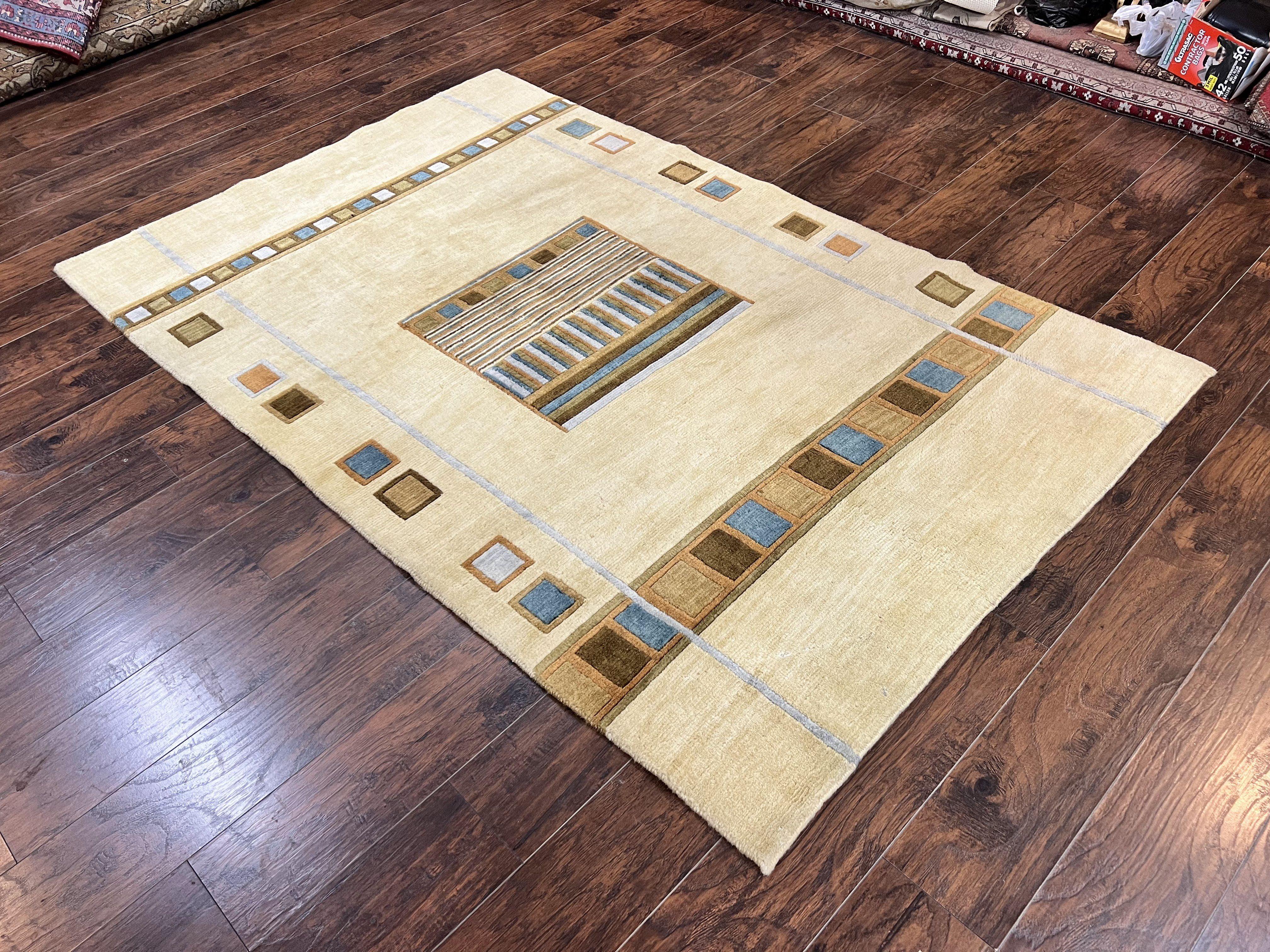 Tibetan Rug 5x8, Contemporary Rug 5 x 8 ft, Cream Brown Blue Hand-Knotted Wool w/ Silk Highlights Tibetan Carpet, Modern Rug - Jewel Rugs
