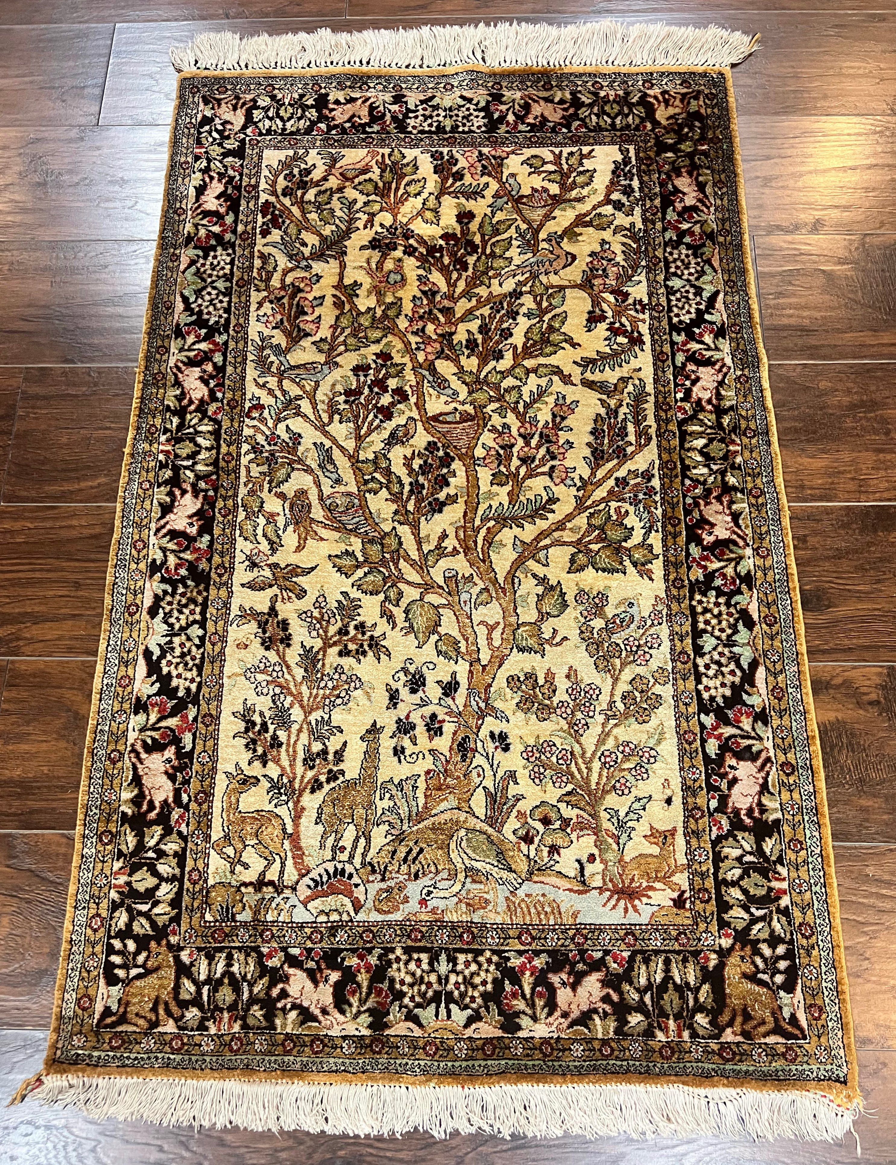 Silk Tree of Life Persian Qum Rug 3x4, Hand Knotted Vintage Carpet, Cream & Black, Very Fine Oriental Rug, Animal Pictorials, Birds - Jewel Rugs
