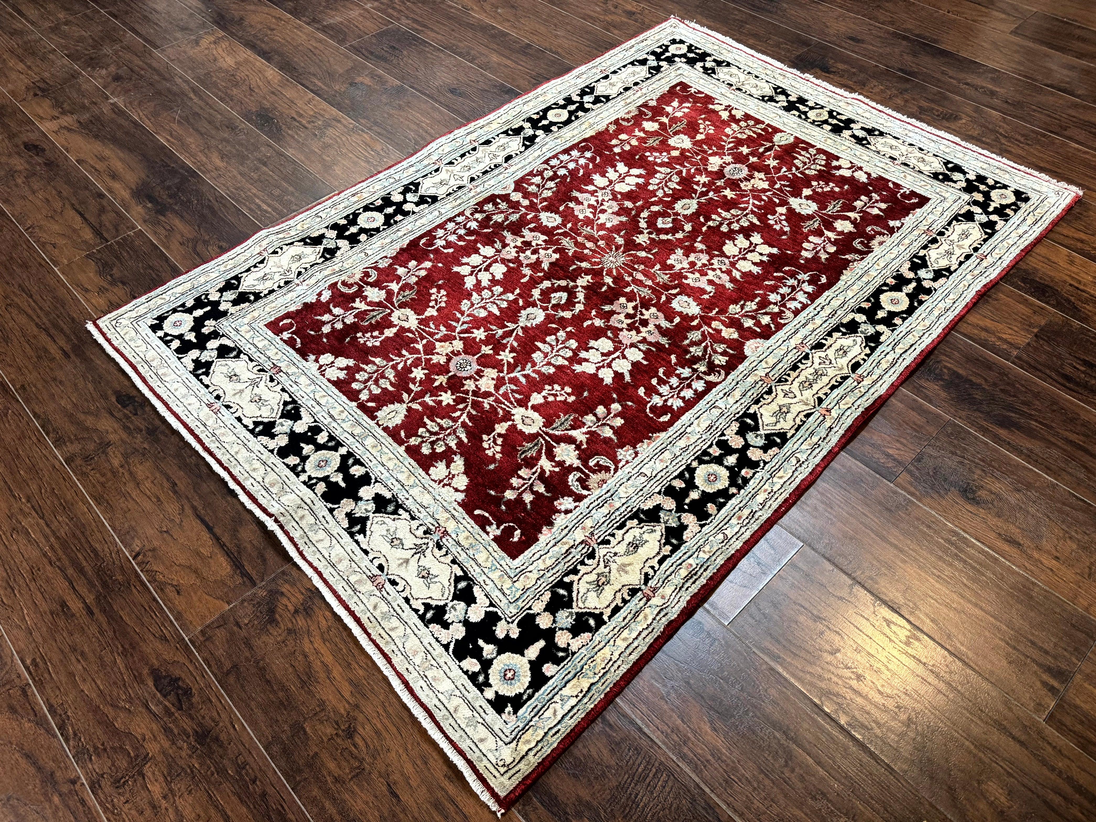 Indian Kashmiri Rug 4x5, Silk on Cotton Area Rug, Red, Handmade - Jewel Rugs