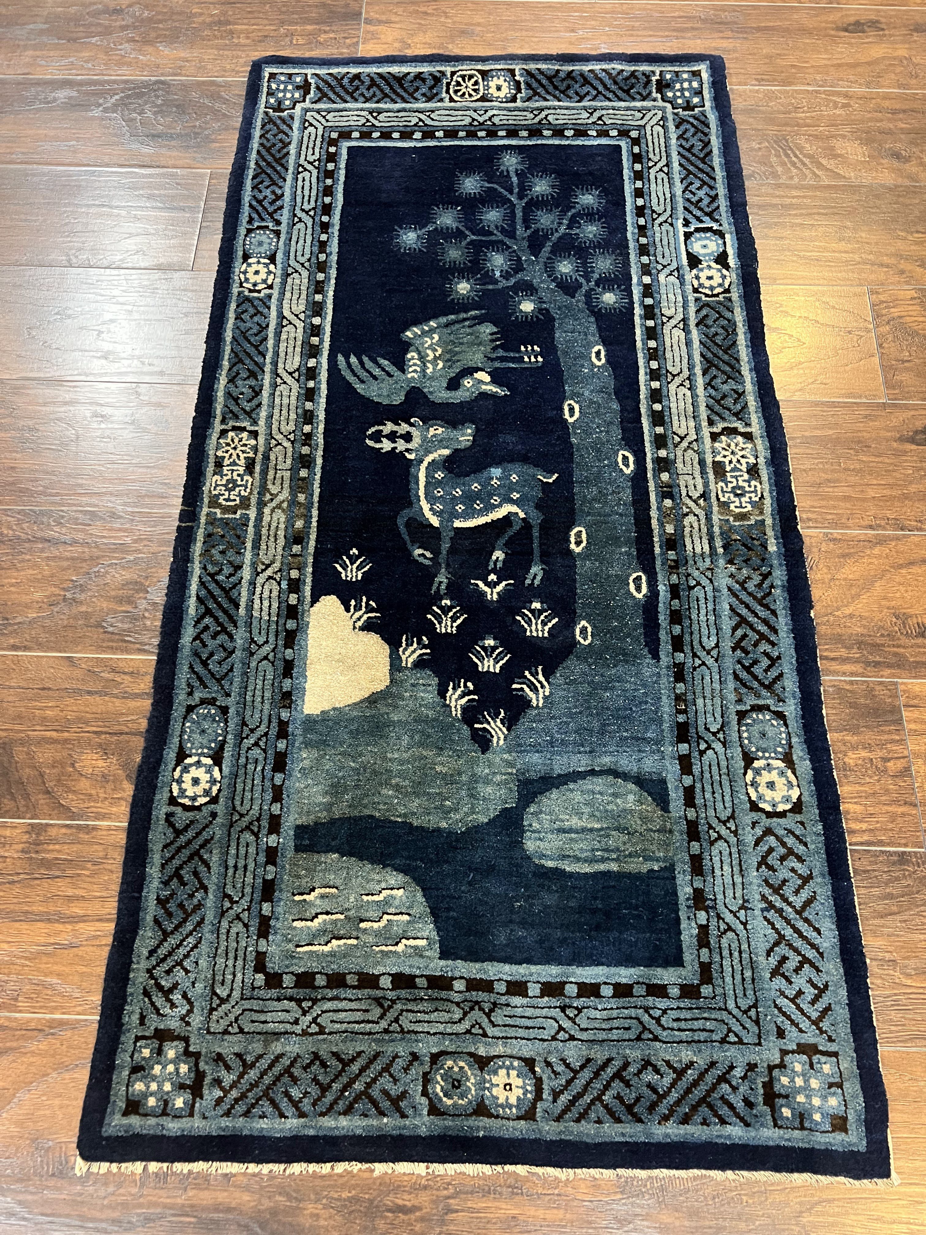 Antique Chinese Peking Rug 3x5, Dark Blue Chinese Wool Rug 3 x 5, Animal Pictorials Deer Birds, Handmade Asian Oriental Chinese Carpet - Jewel Rugs
