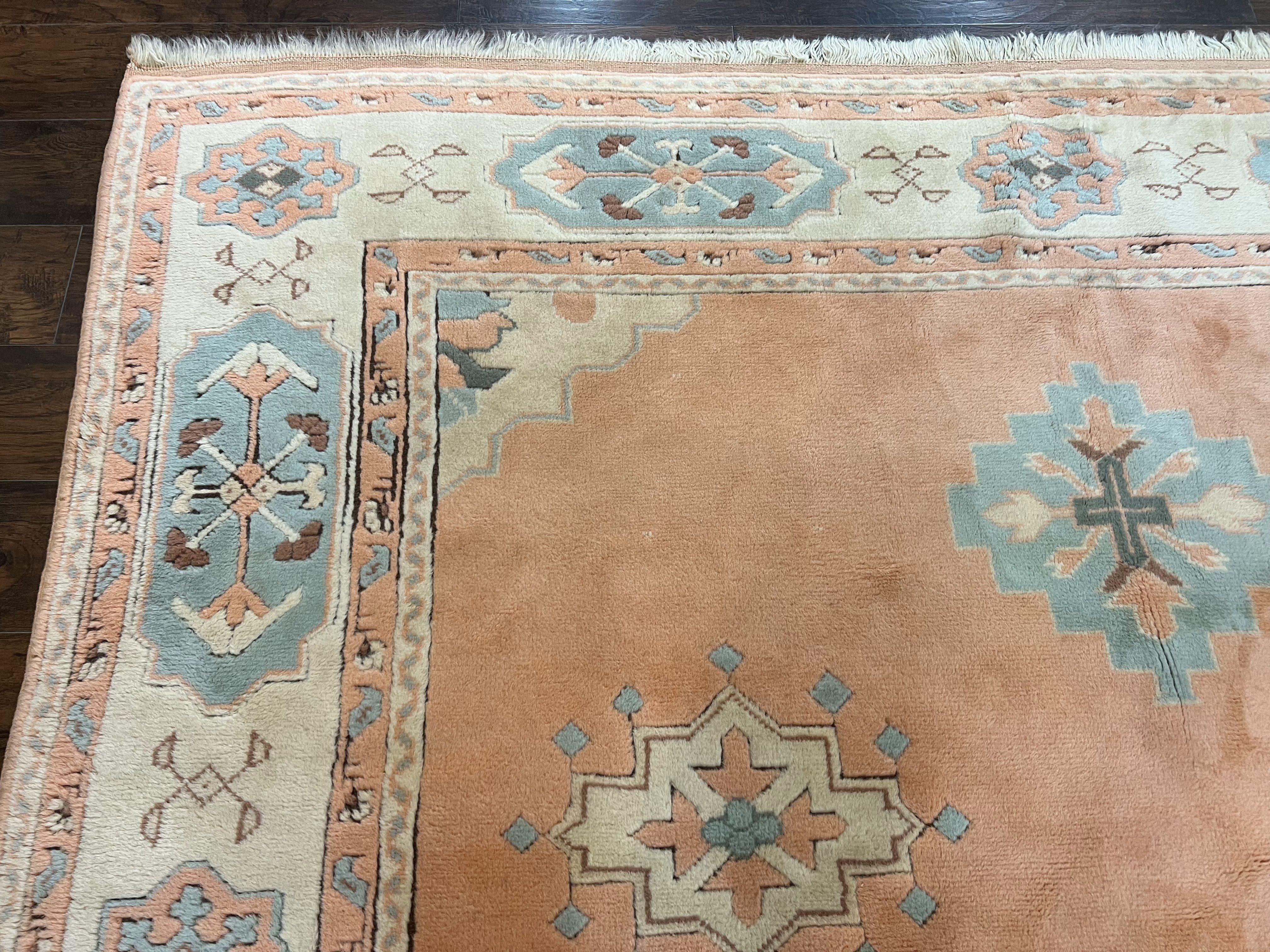 Turkish Oushak Rug 9x12, Wool Hand Knotted Vintage Carpet, Peach Cream Light Blue Room Sized Oriental Rug - Jewel Rugs