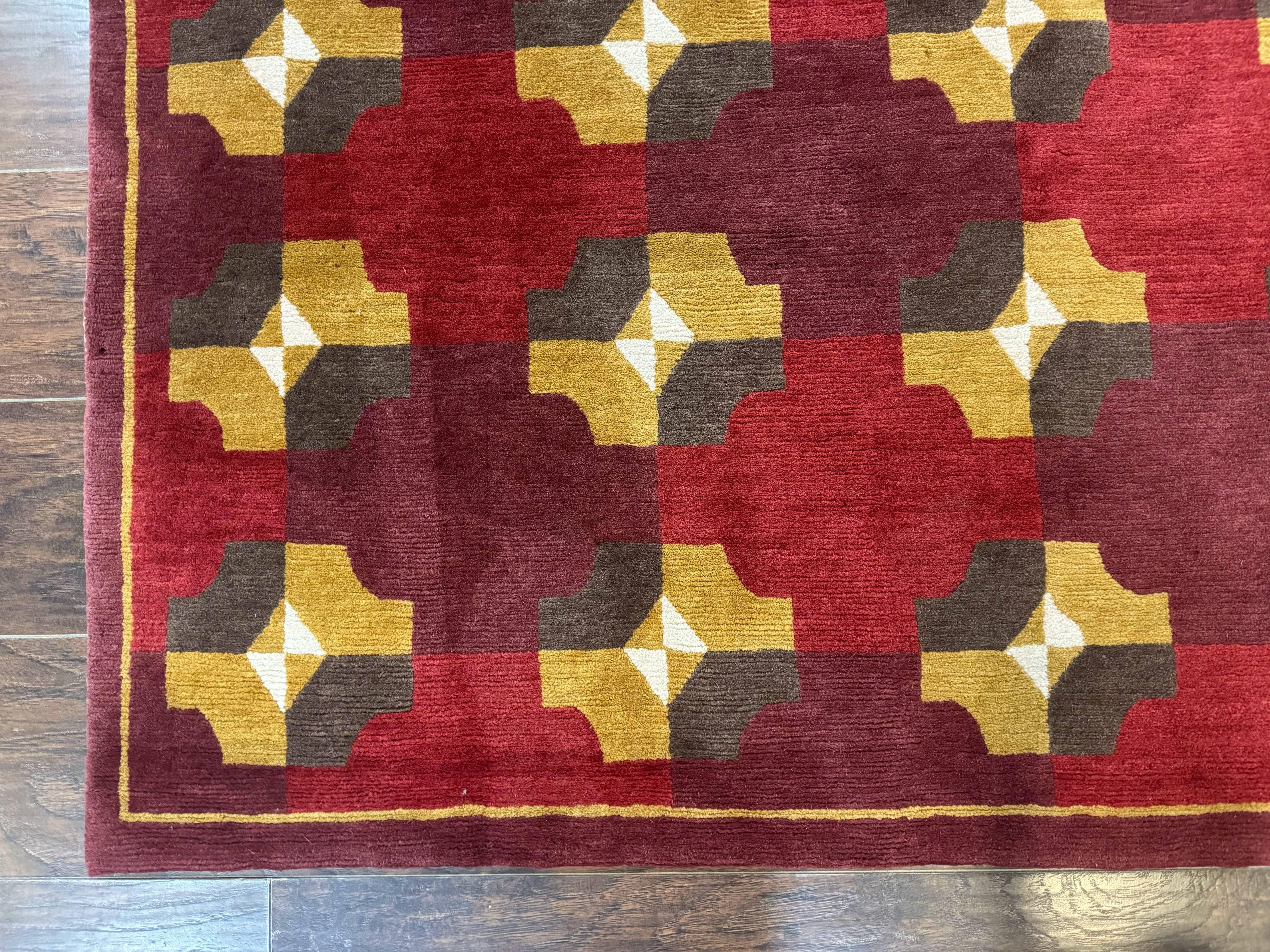 Modern Tibetan Rug 5 x 6.8, Wool, Red, Allover Pattern, Nepali Rug, Abstract Rug, Handmade Area Rug - Jewel Rugs