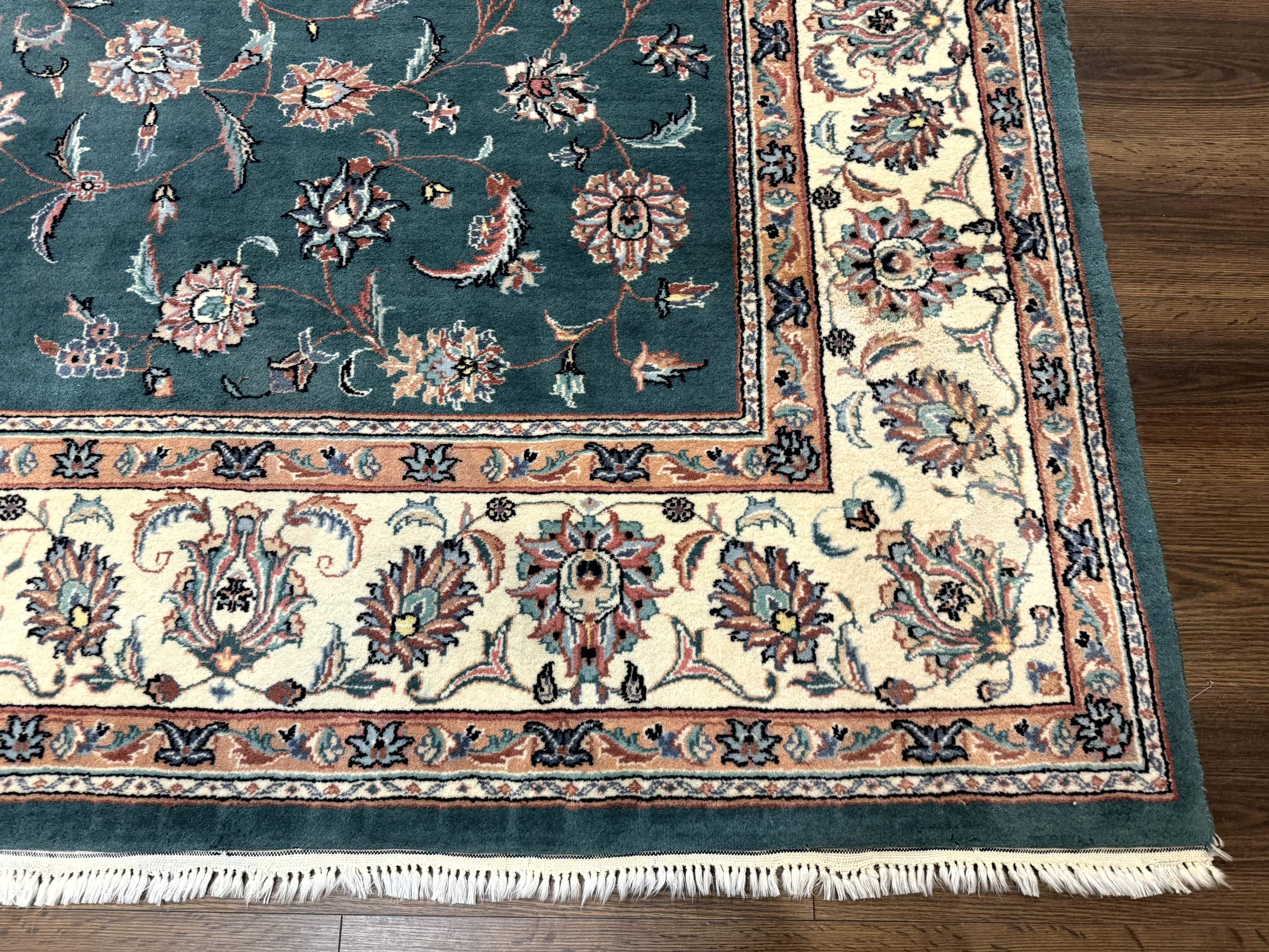 Indo Persian Rug 8x10, Green and Beige Oriental Carpet, Traditional Wool Area Rug, Floral Allover Pattern - Jewel Rugs