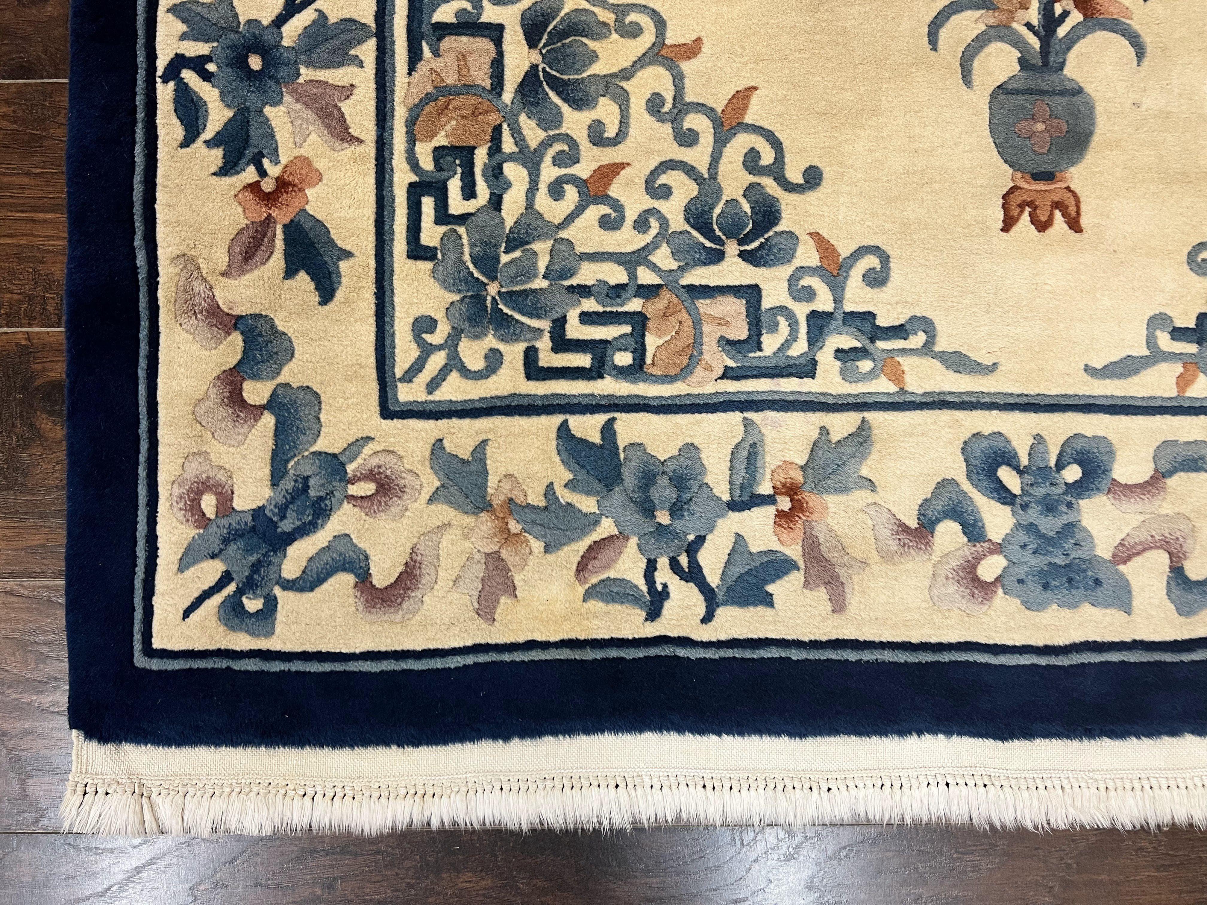Chinese Wool Rug 5x8, Vintage Art Deco Chinese Carving Sculpture Carpet, Cream and Blue, Handmade Asian Oriental 90 Line Rug - Jewel Rugs
