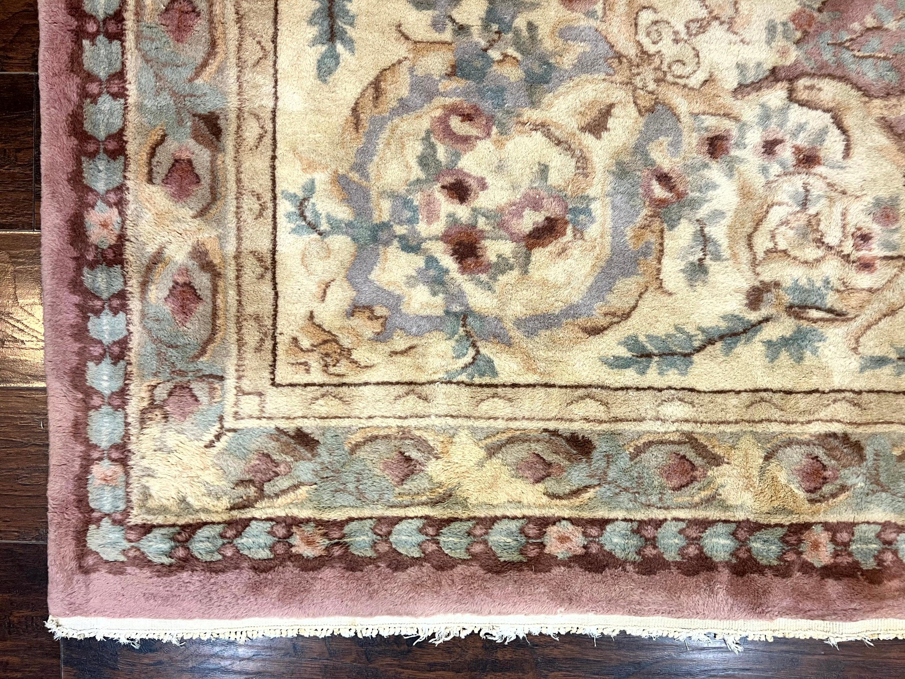 Indo Chinese Aubusson Wool Rug 10x14, Pink and Cream, Handmade Vintage Wool Carpet, Elegant European Design - Jewel Rugs