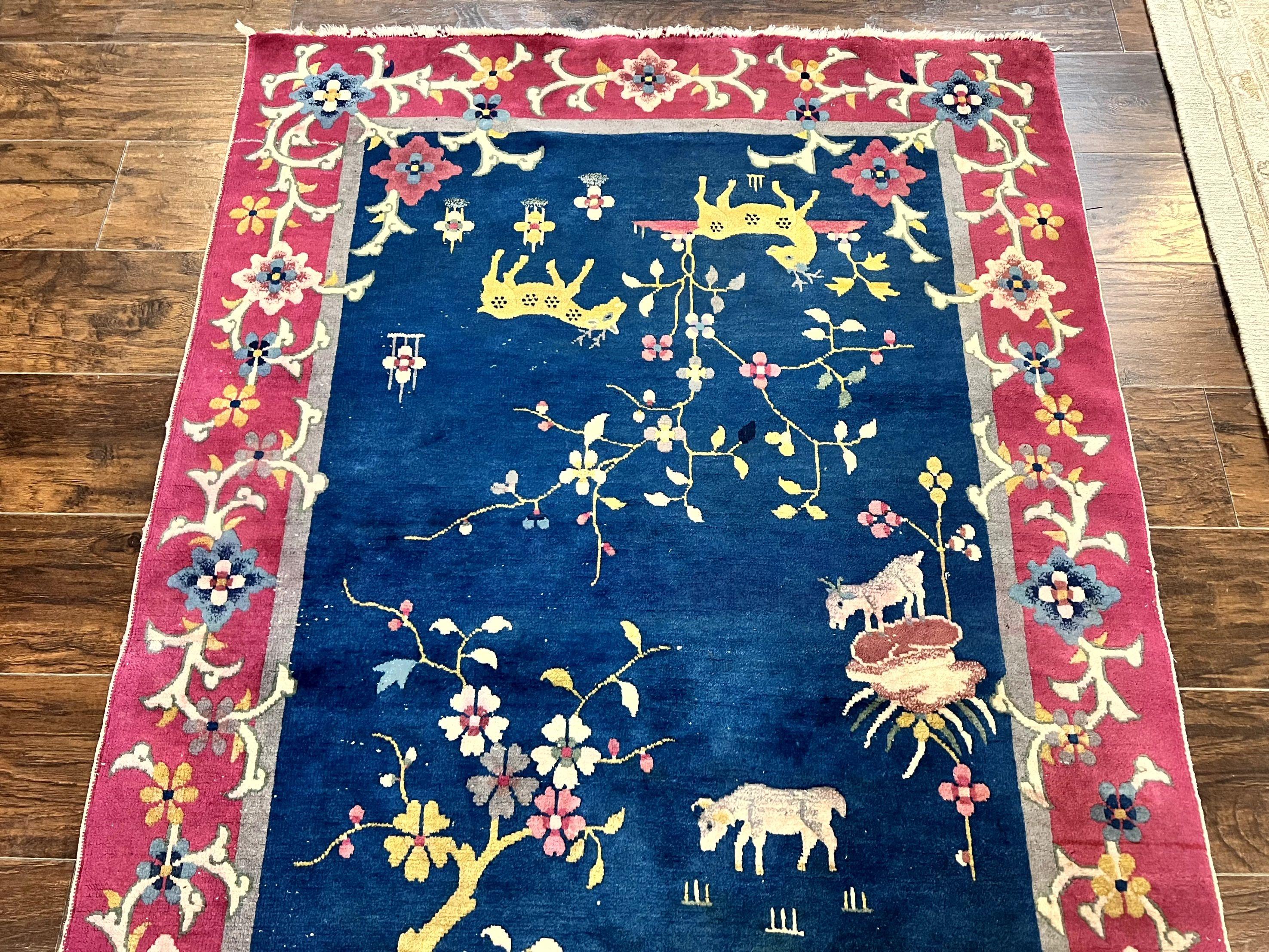 Antique Chinese Art Deco Rug, Animal Pictorials, Navy Blue and Magenta, Chinese Nichols Carpet, Wool - Jewel Rugs