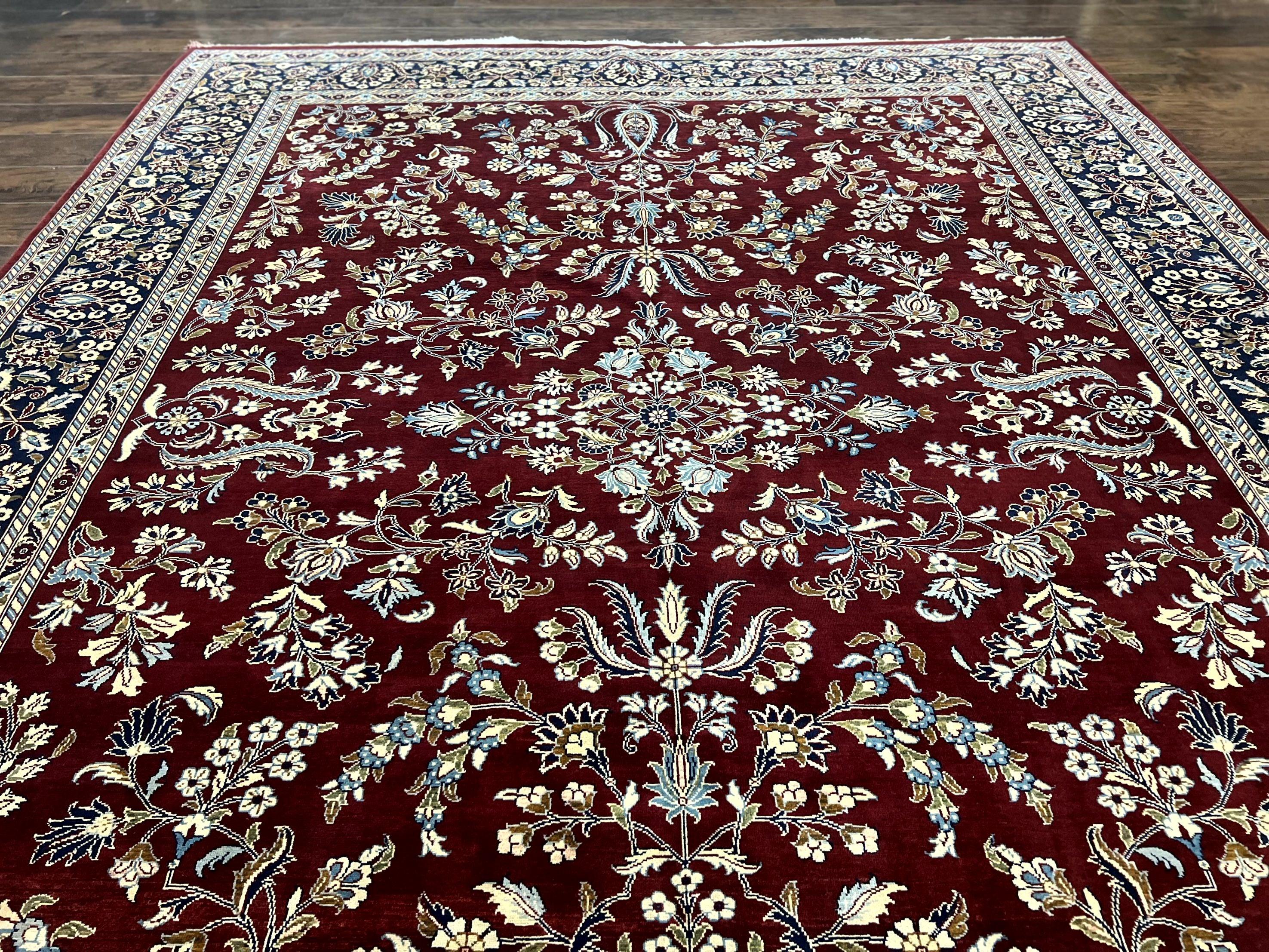 Indo Persian Sarouk Rug 9x12, Floral Allover, Dark Red & Navy Blue, Handmade Vintage Wool Carpet - Jewel Rugs