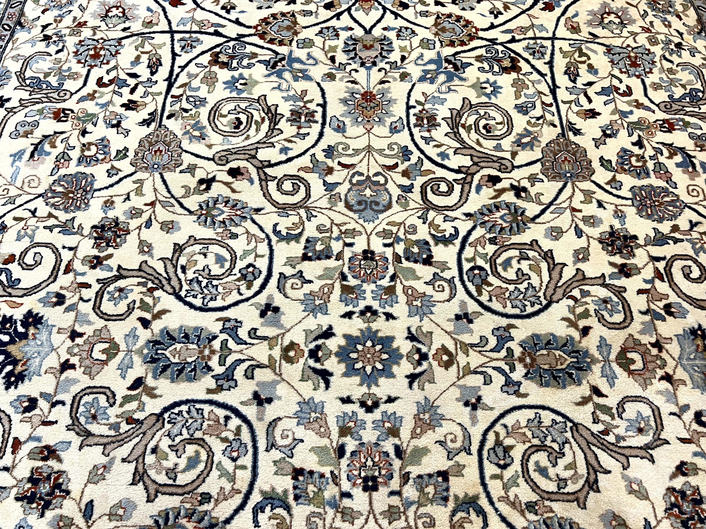 Indo Persian Rug 10x14, Floral Allover Pattern, Handmade Vintage Wool Carpet, Ivory/Cream - Jewel Rugs