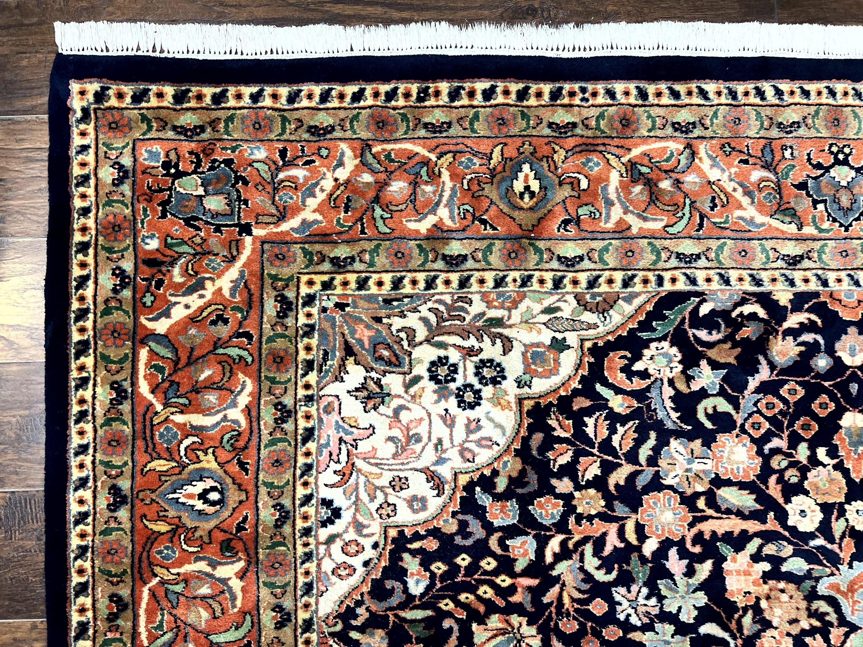 Indo Persian Rug 8x10, Midnight Blue & Red, Handmade Vintage Wool Carpet, Floral Medallion - Jewel Rugs