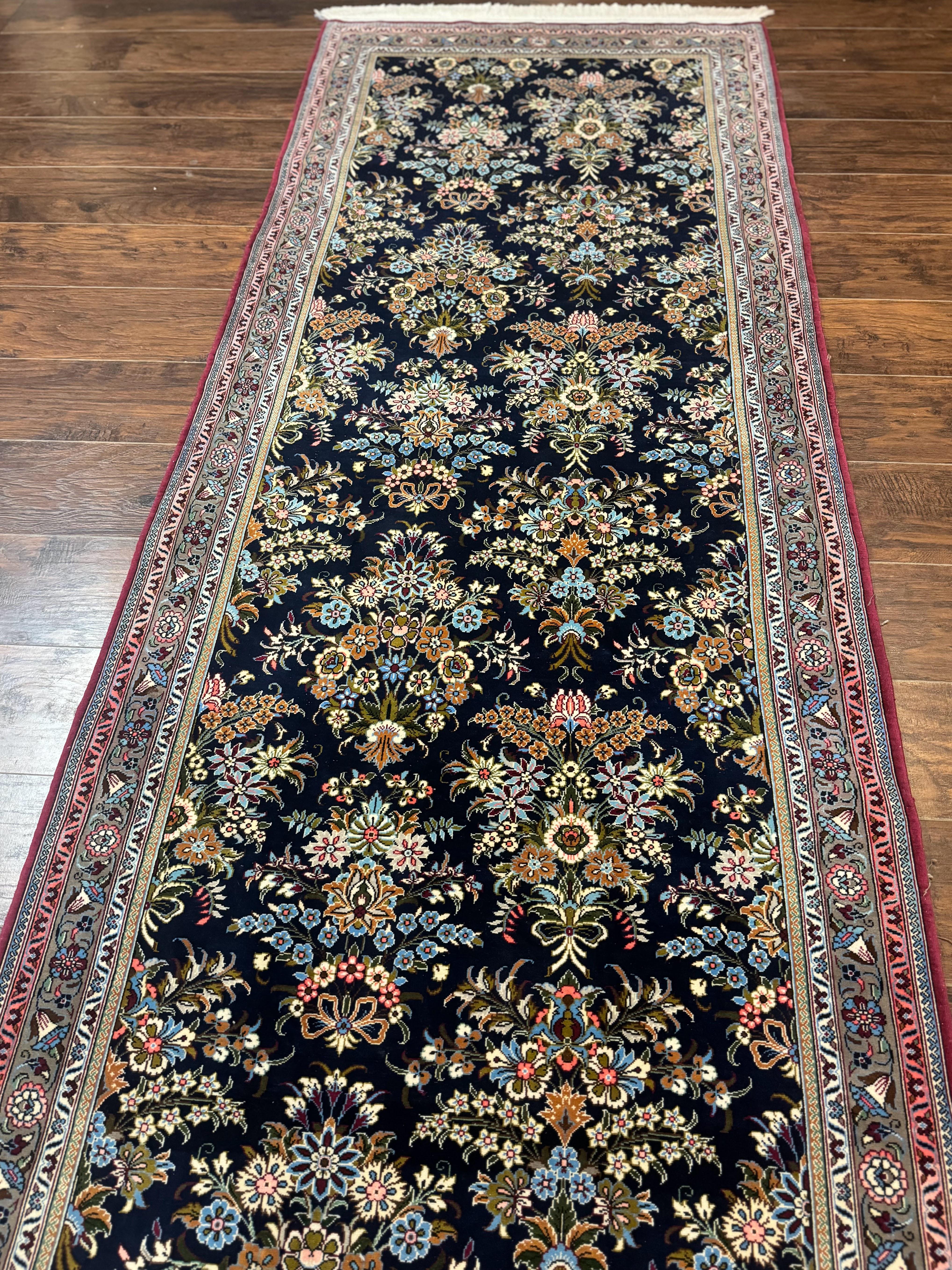 Persian Runner Rug 3.6 x 13, Floral Bouquets, Navy Blue, Colorful Flowers, Fine 210 KPSI - Jewel Rugs