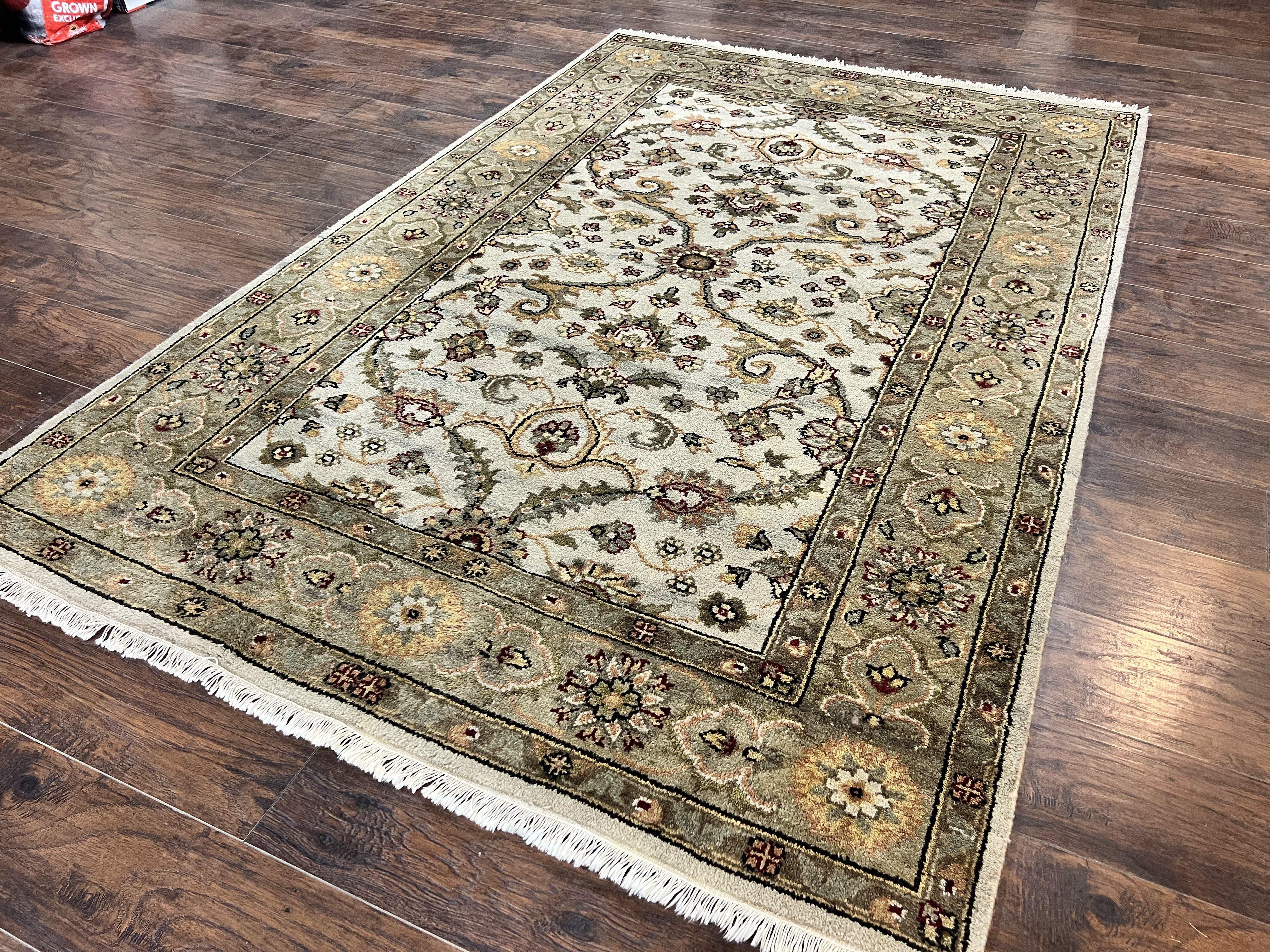 Indo Persian Rug 5.6 x 8, Wool Hand Knotted Vintage Carpet, Beige Indian Mahal Traditional Oriental Rug, Allover Floral, Tea Wash Rug - Jewel Rugs