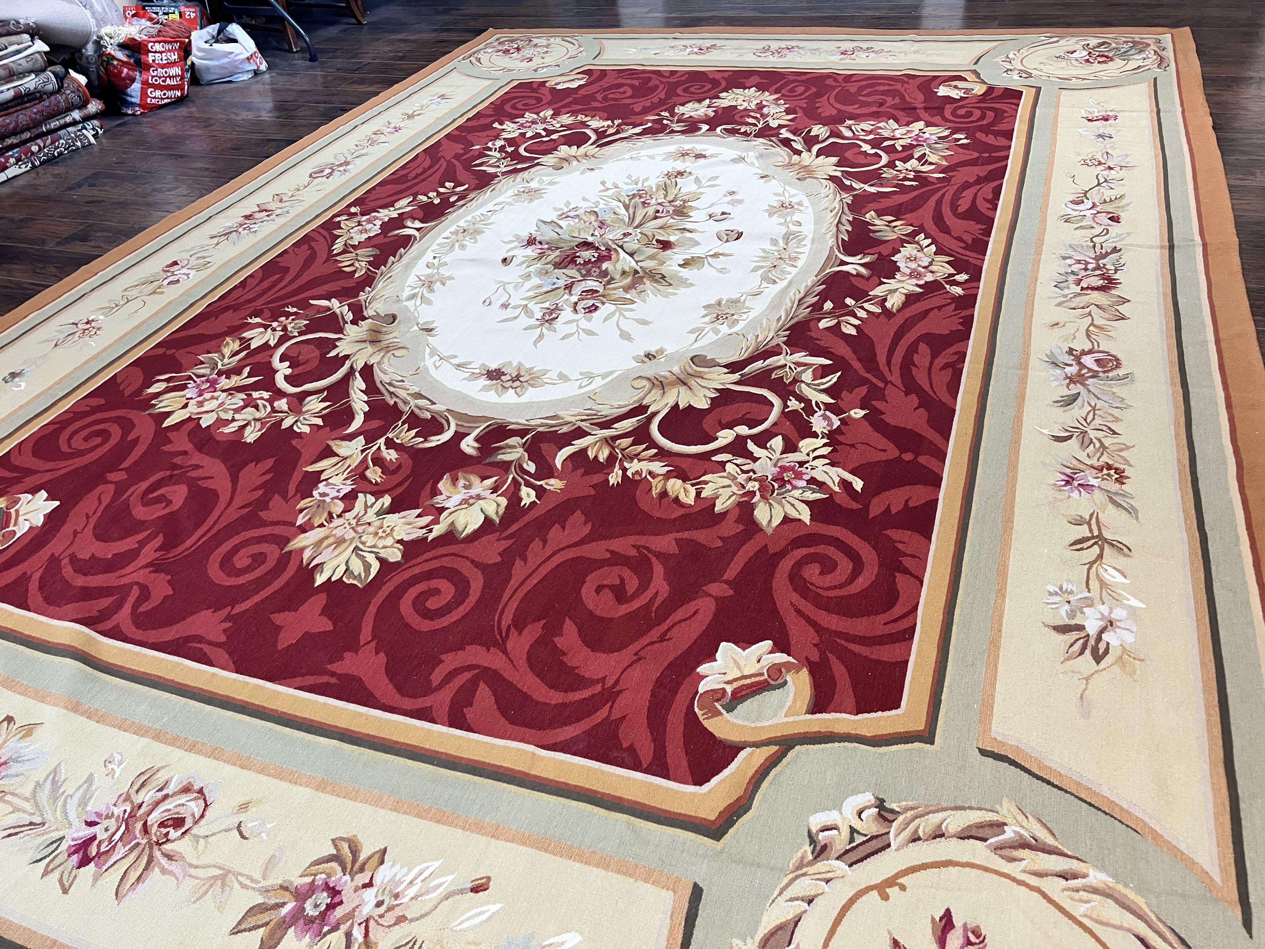 Large Aubusson Rug 10x14, Wool Handmade Vintage Carpet, Dark Red Ivory Tan, French European Elegant Aubusson Weave Rug - Jewel Rugs