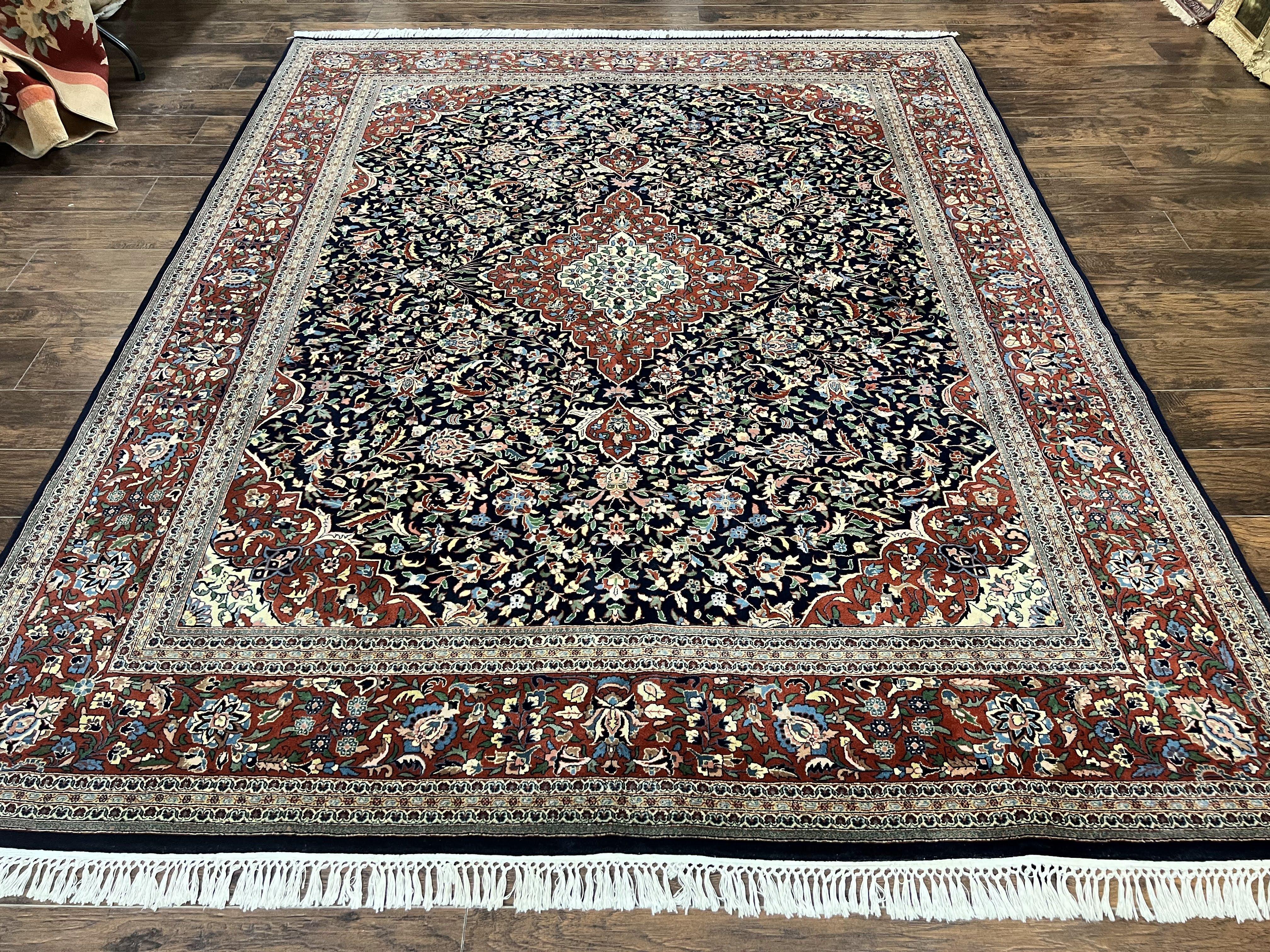 Indo Persian Rug 8x10, Floral Medallion, Vintage Handmade Wool Carpet, Navy Blue and Red, Fine 300 KPSI - Jewel Rugs
