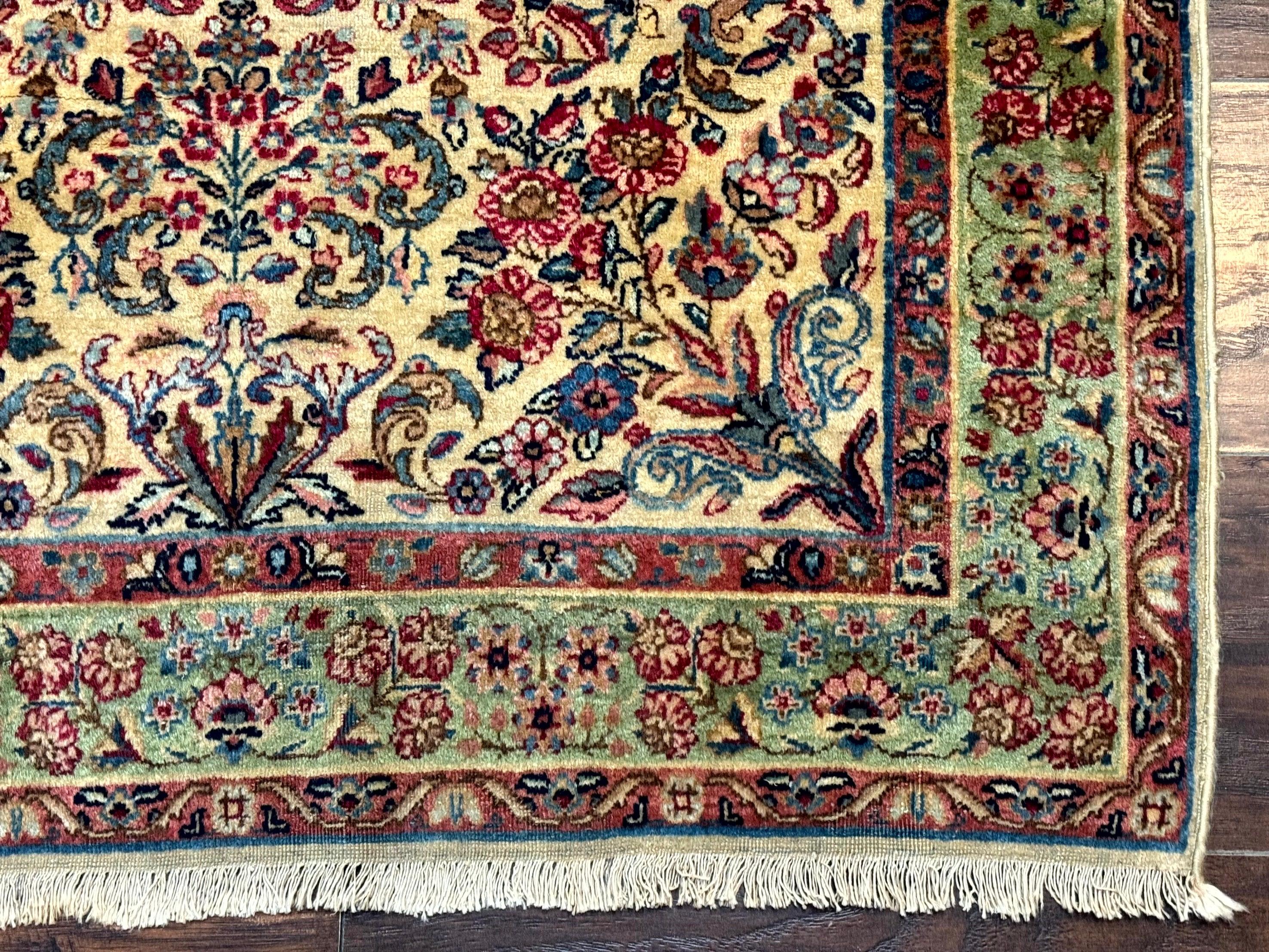 Antique Persian Kerman Rug 3x5, Floral Design, Cream and Light Green - Jewel Rugs