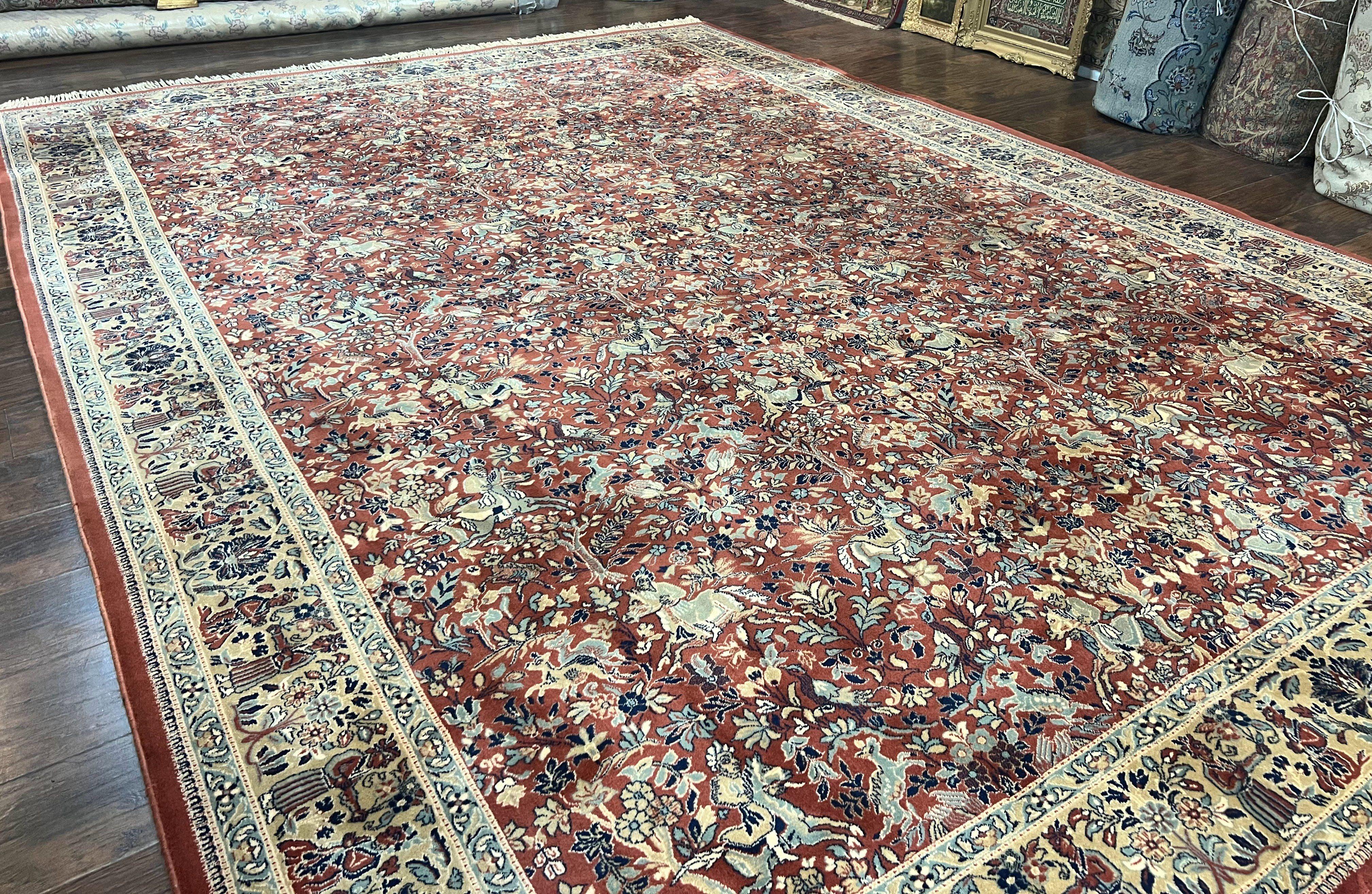 Persian Rug 10 x 13.6, Hunting Scene Rug, Large Wool Carpet, Vintage Couristan Belgium Power Loomed Rug, Red and Beige - Jewel Rugs