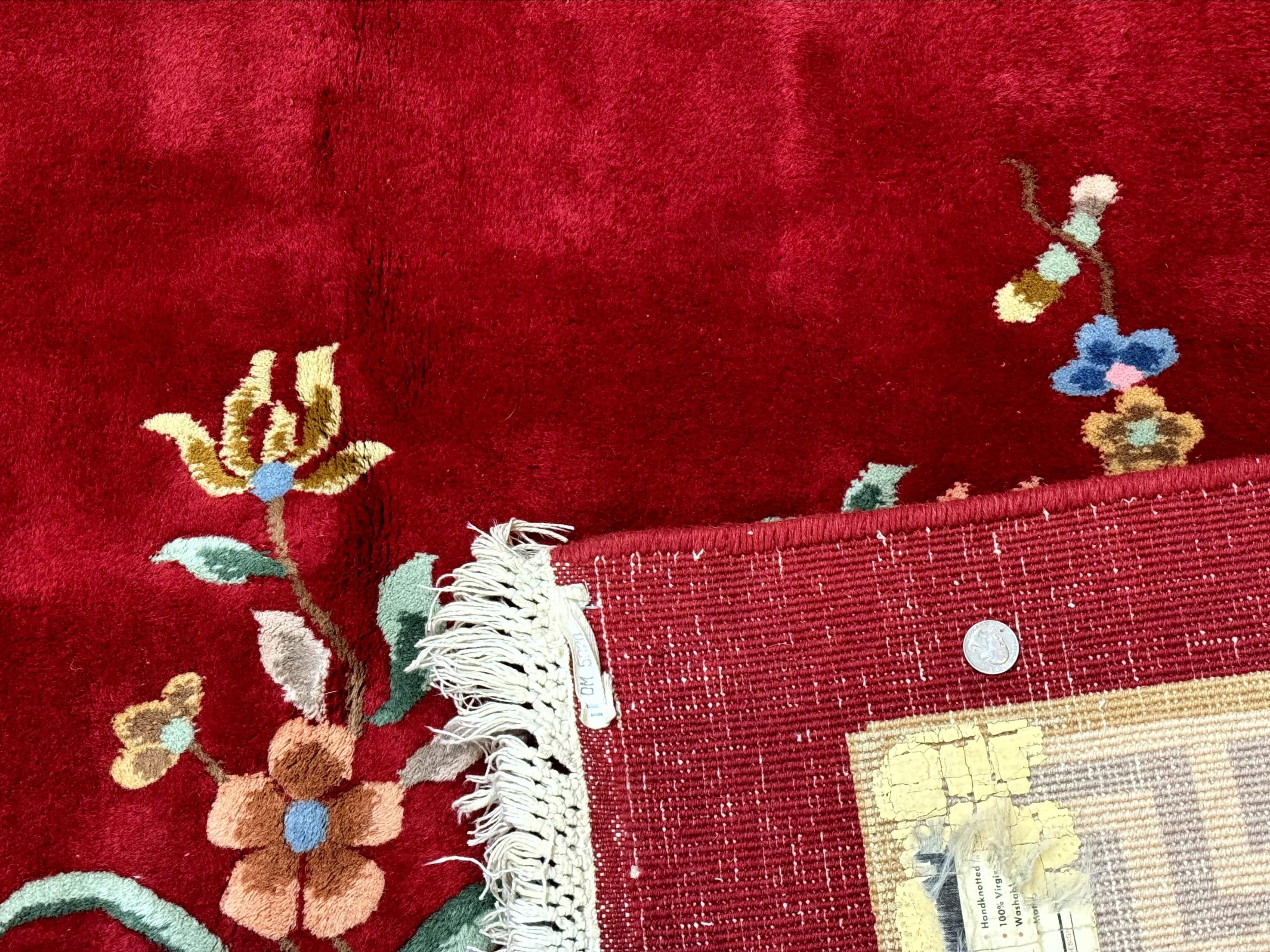 Indo Chinese Wool Rug 9x12, Red Art Deco Carpet, Vintage - Jewel Rugs