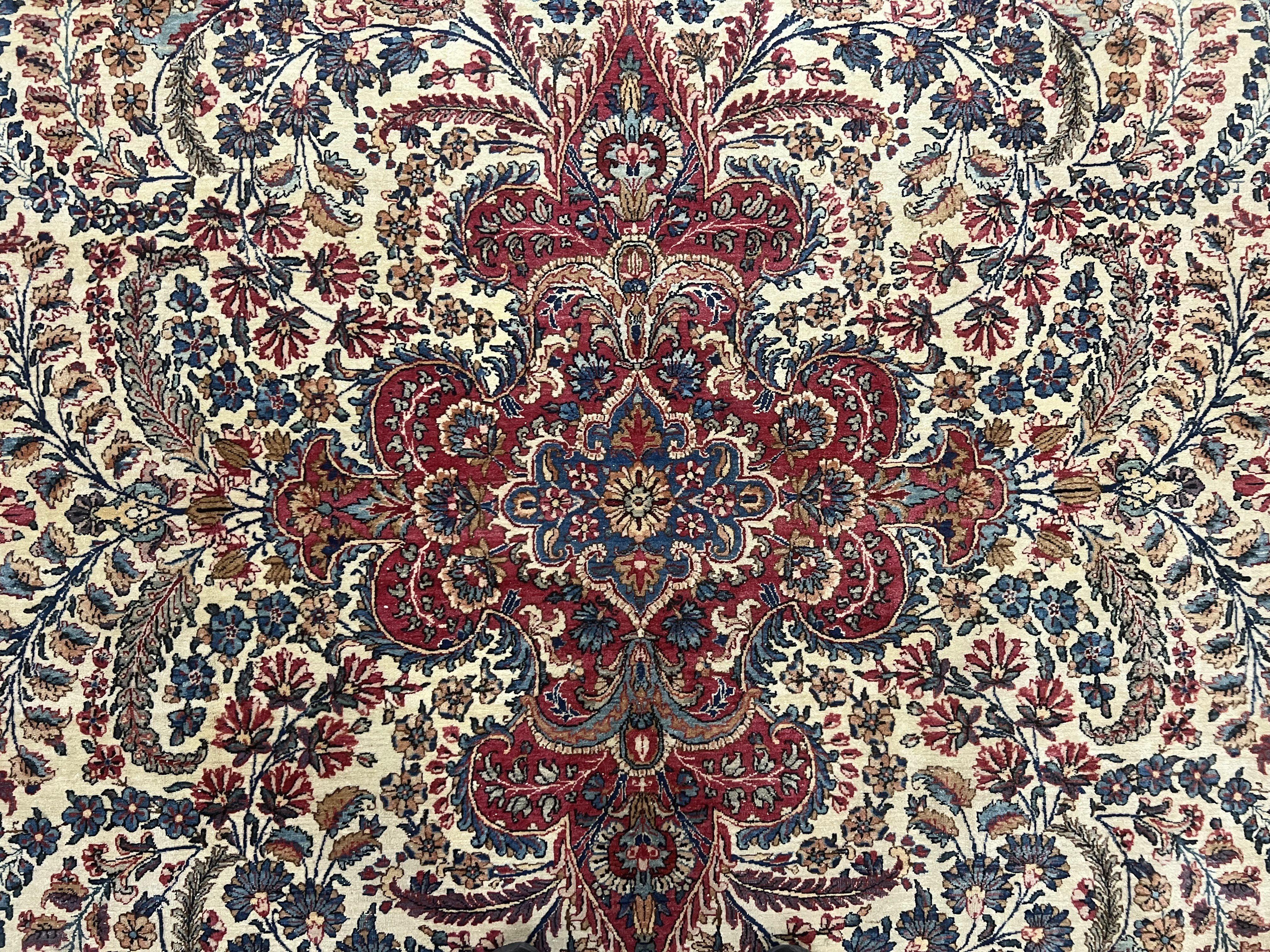 Persian Kirman Rug 11x17, Wool Hand Knotted Antique Carpet, Ivory Navy Blue, Allover Floral, 11 x 17 Oversized Rug, Palace Size Kerman Oriental Rug - Jewel Rugs