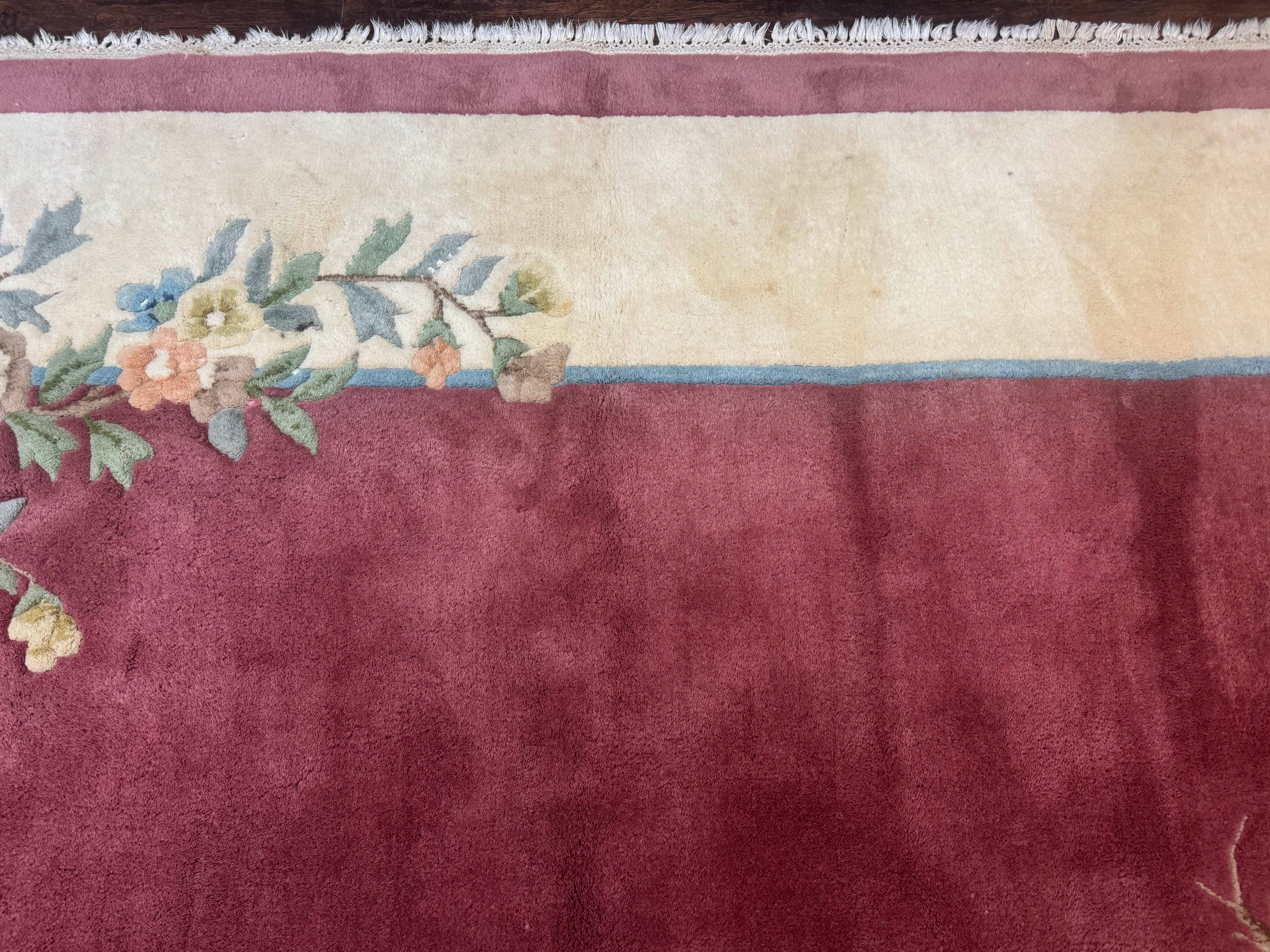 Indo Chinese Art Deco Rug 9x12, Pink and Ivory, Open Filed, Floral, Wool - Jewel Rugs