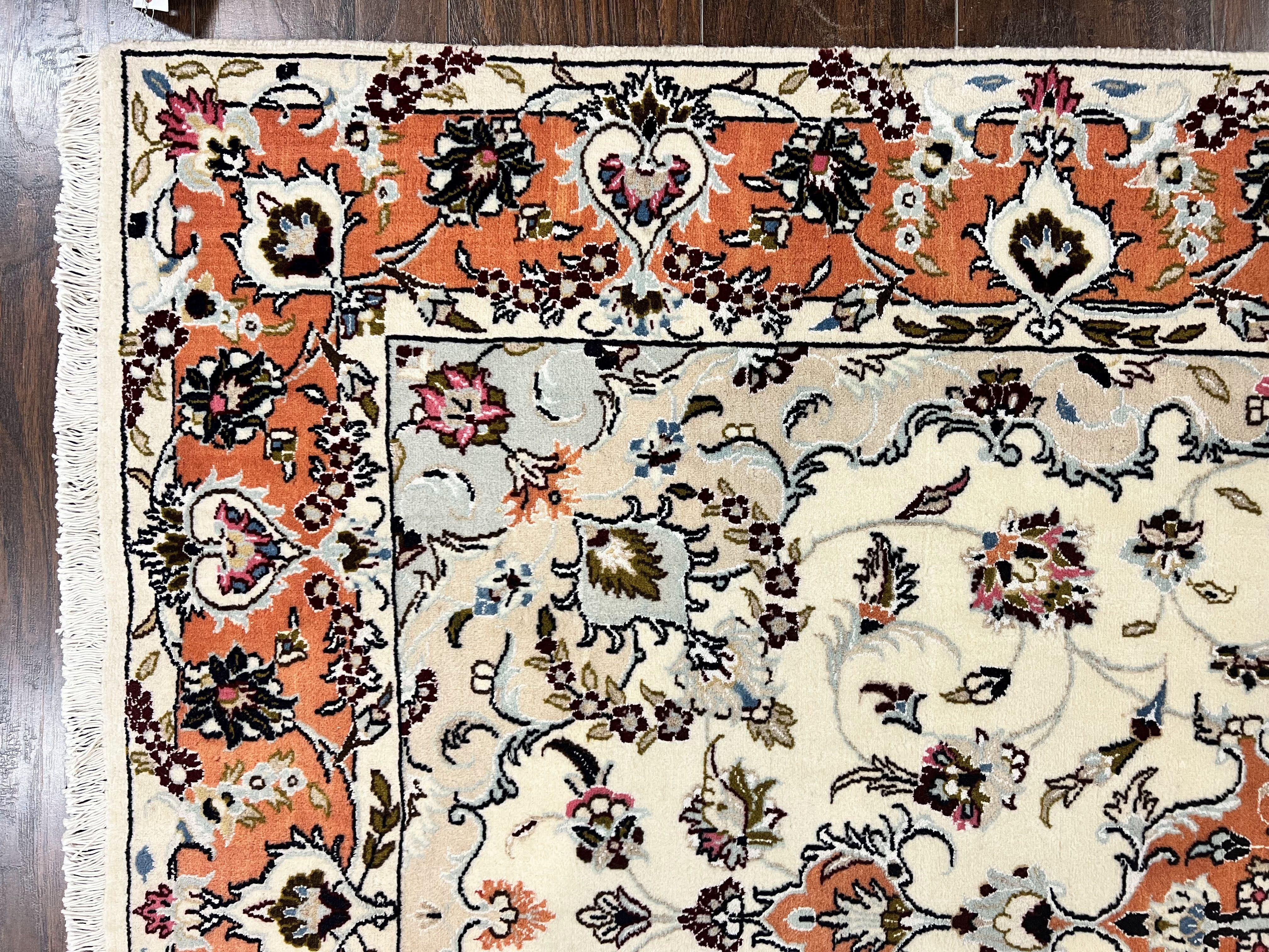 Persian Tabriz Rug 4.5 x 6.8, Finely Hand Knotted Wool with Silk Highlights Vintage Oriental Carpet, Cream and Salmon, High KPSI, Floral Medallion - Jewel Rugs