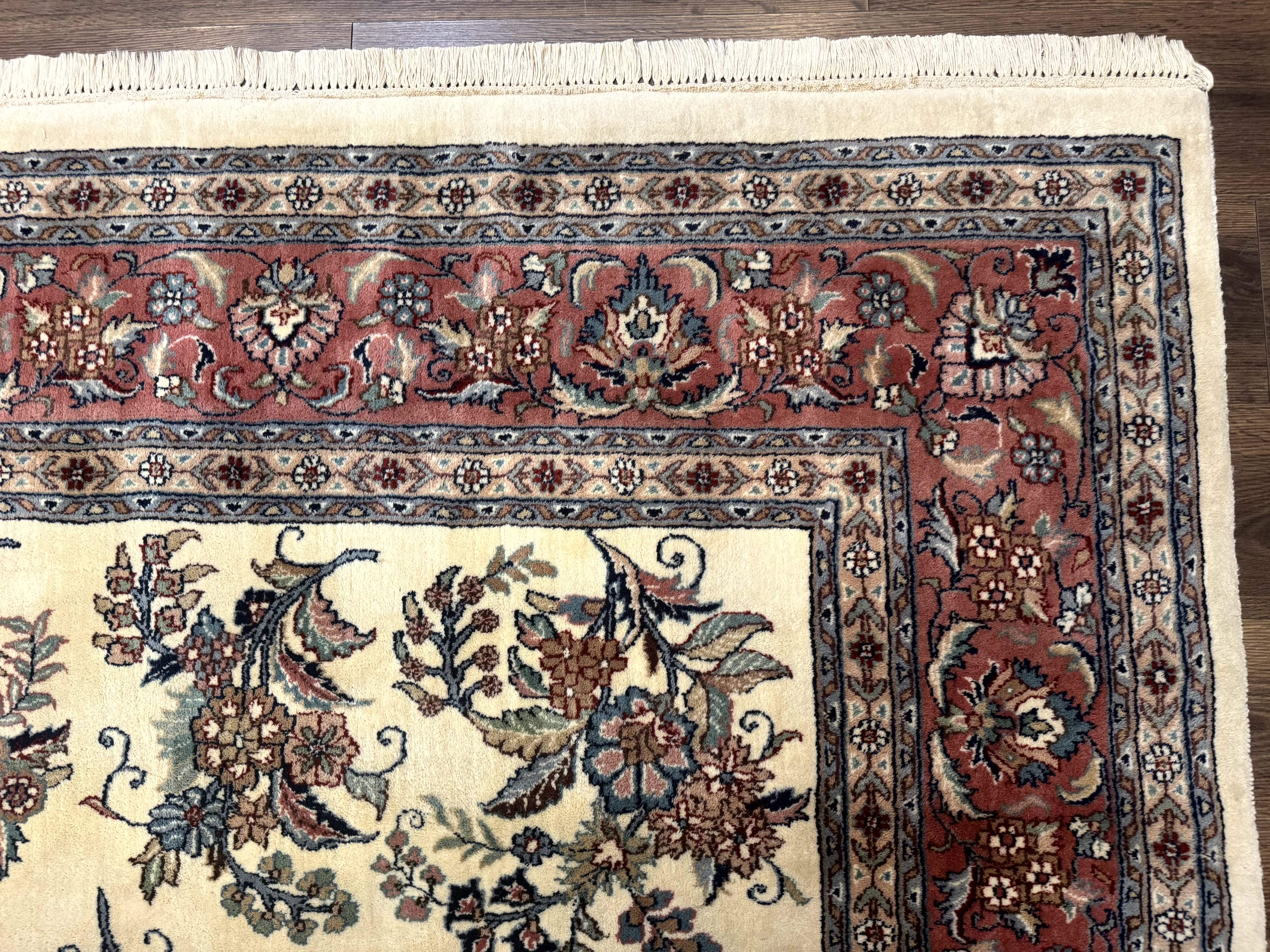 Indo Persian Sarouk Rug 8x10, Ivory and Pink, Floral - Jewel Rugs