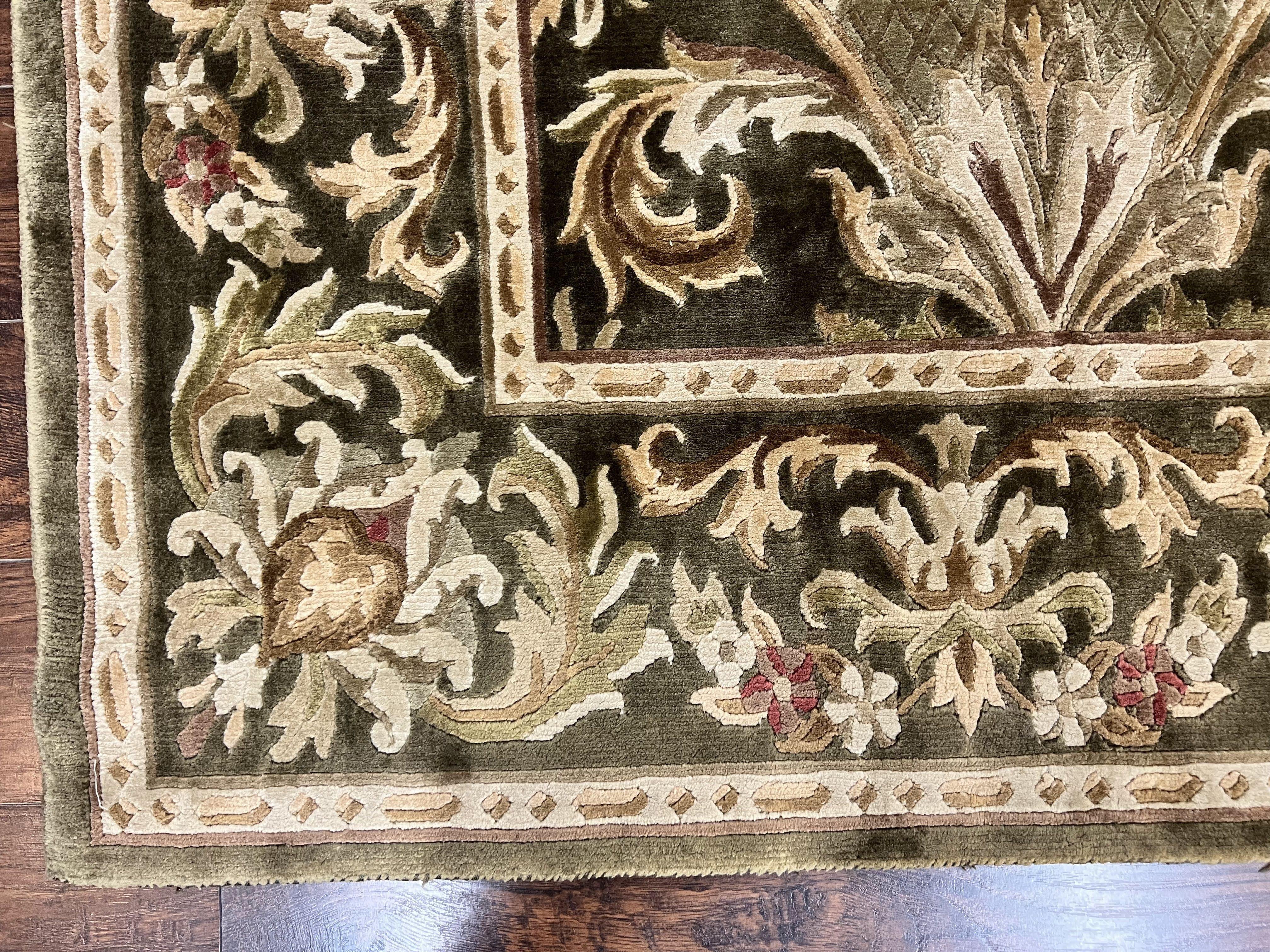 Tibetan Rug 8x10, European Design, Floral, Green, Handmade, Wool, Nepali Rug - Jewel Rugs