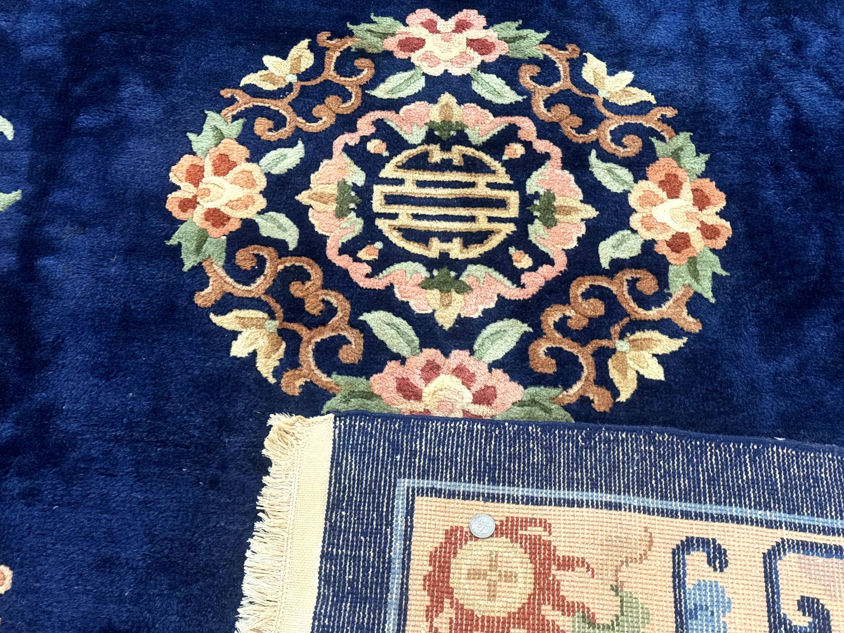 Chinese Wool Rug 8x11, Navy Blue and Beige, Simple Design, Fete Carpet - Jewel Rugs