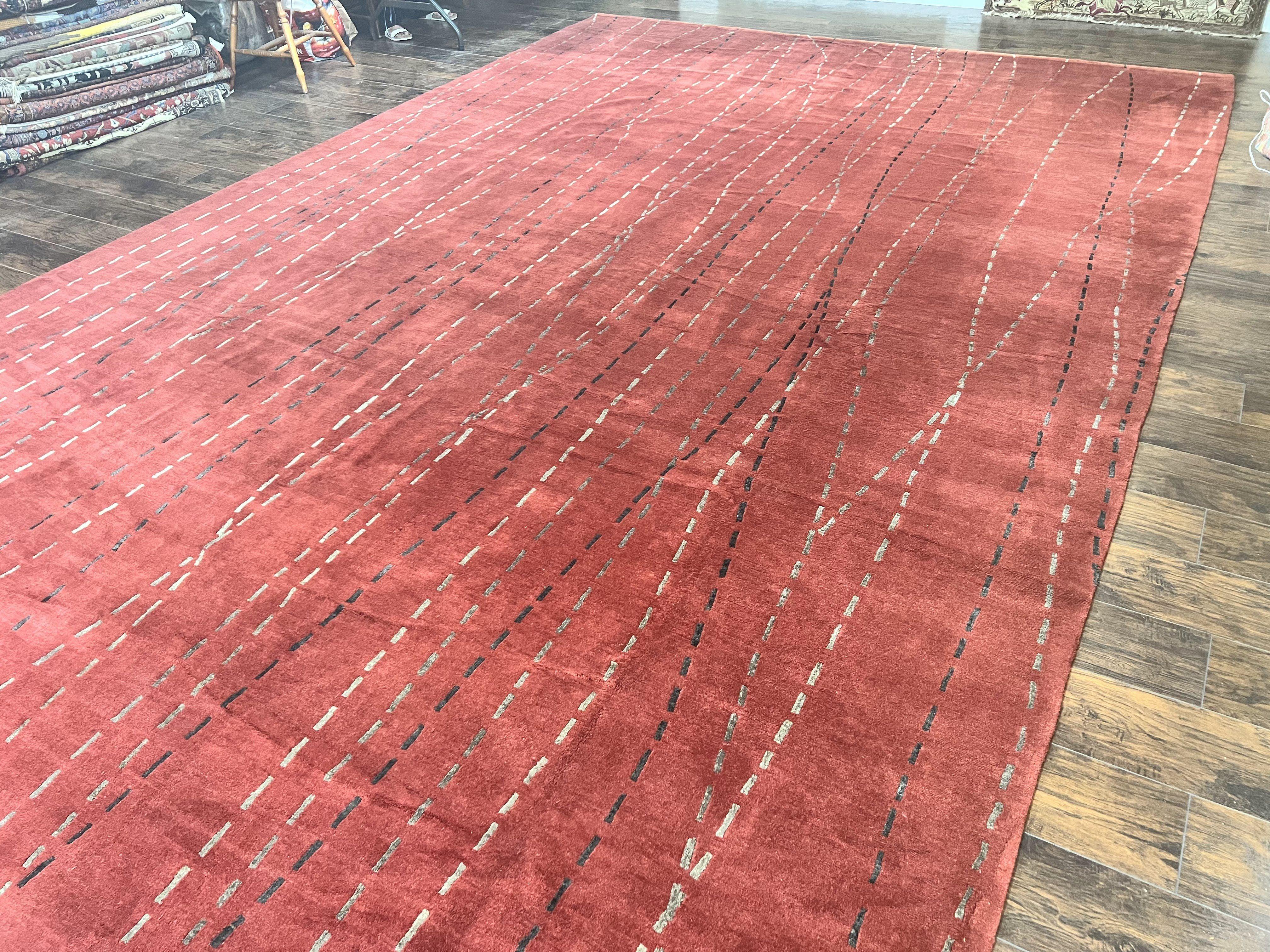 Oversized Nepali Rug 11x17, Wool & Silk Hand Knotted Modern Carpet, Red Extra Large Handmade Tibetan Carpet - Jewel Rugs