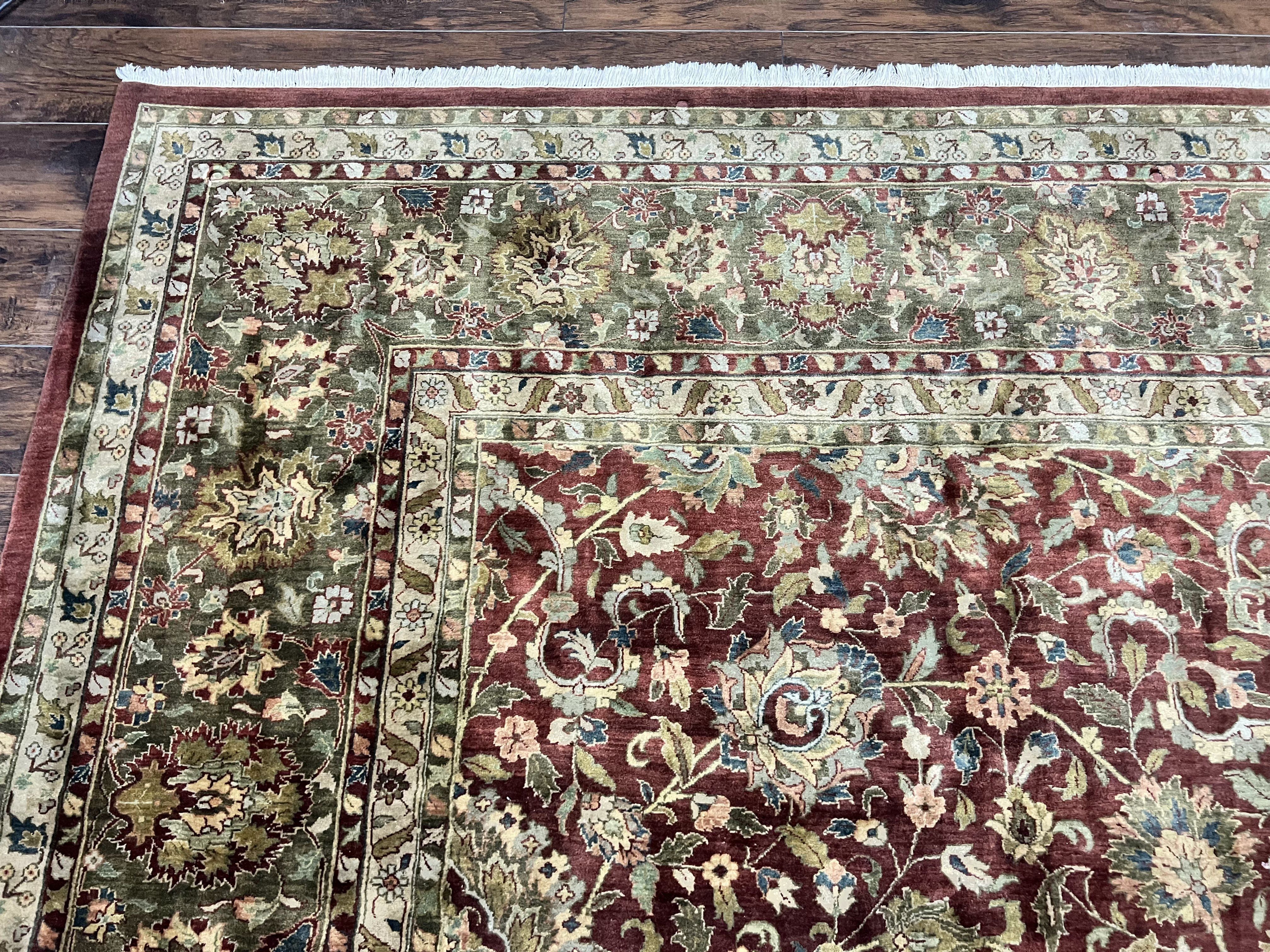 Indian Agra Rug 12x15, Oversized Extra Large Wool Hand Knotted Vintage Oriental Carpet, Burgundy & Olive Green, Floral Allover Rug 12 x 15 - Jewel Rugs