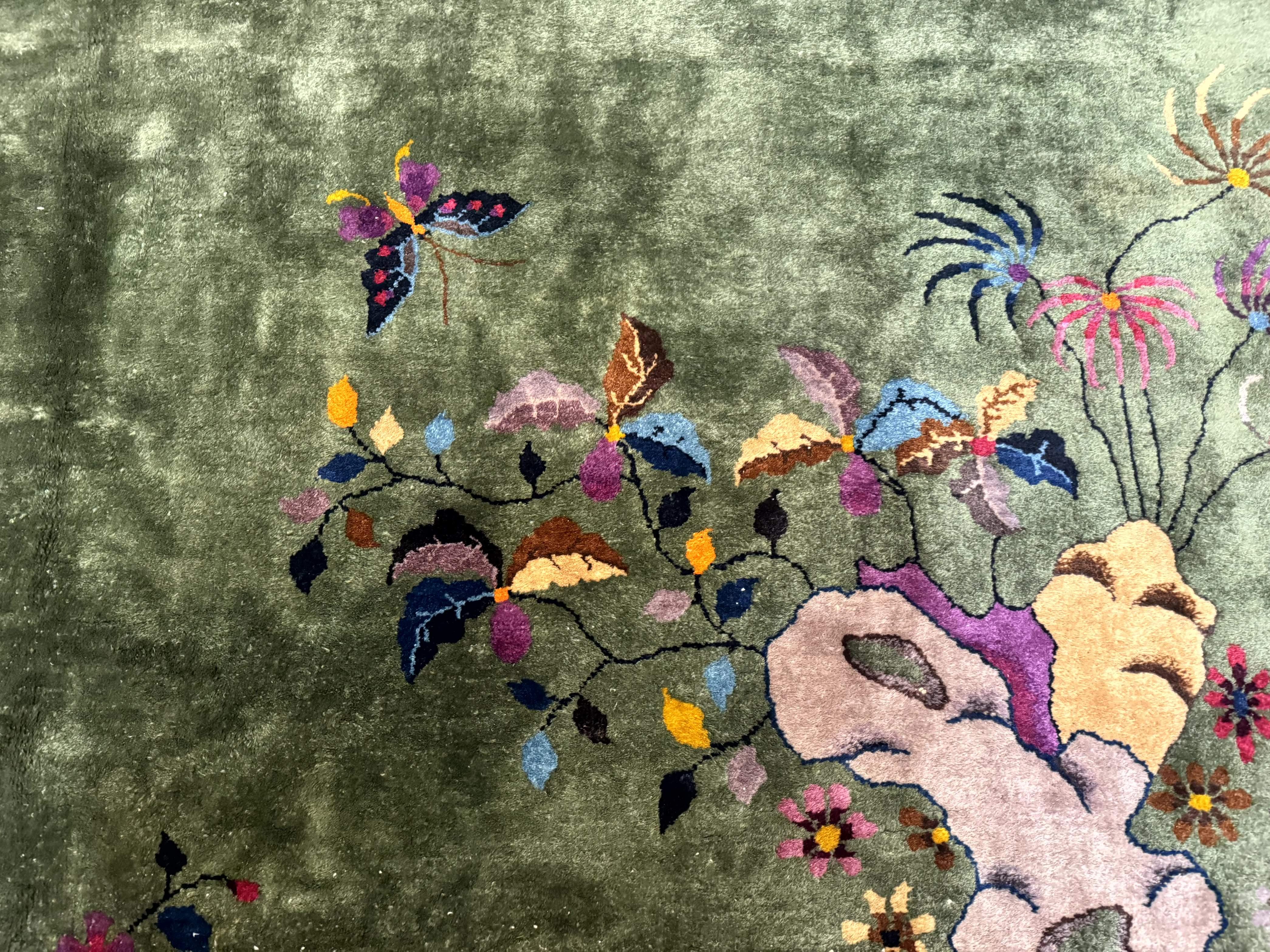 Antique Chinese Nichols Rug 9x12 - Rare Green and Purple Art Deco Carpet - Jewel Rugs