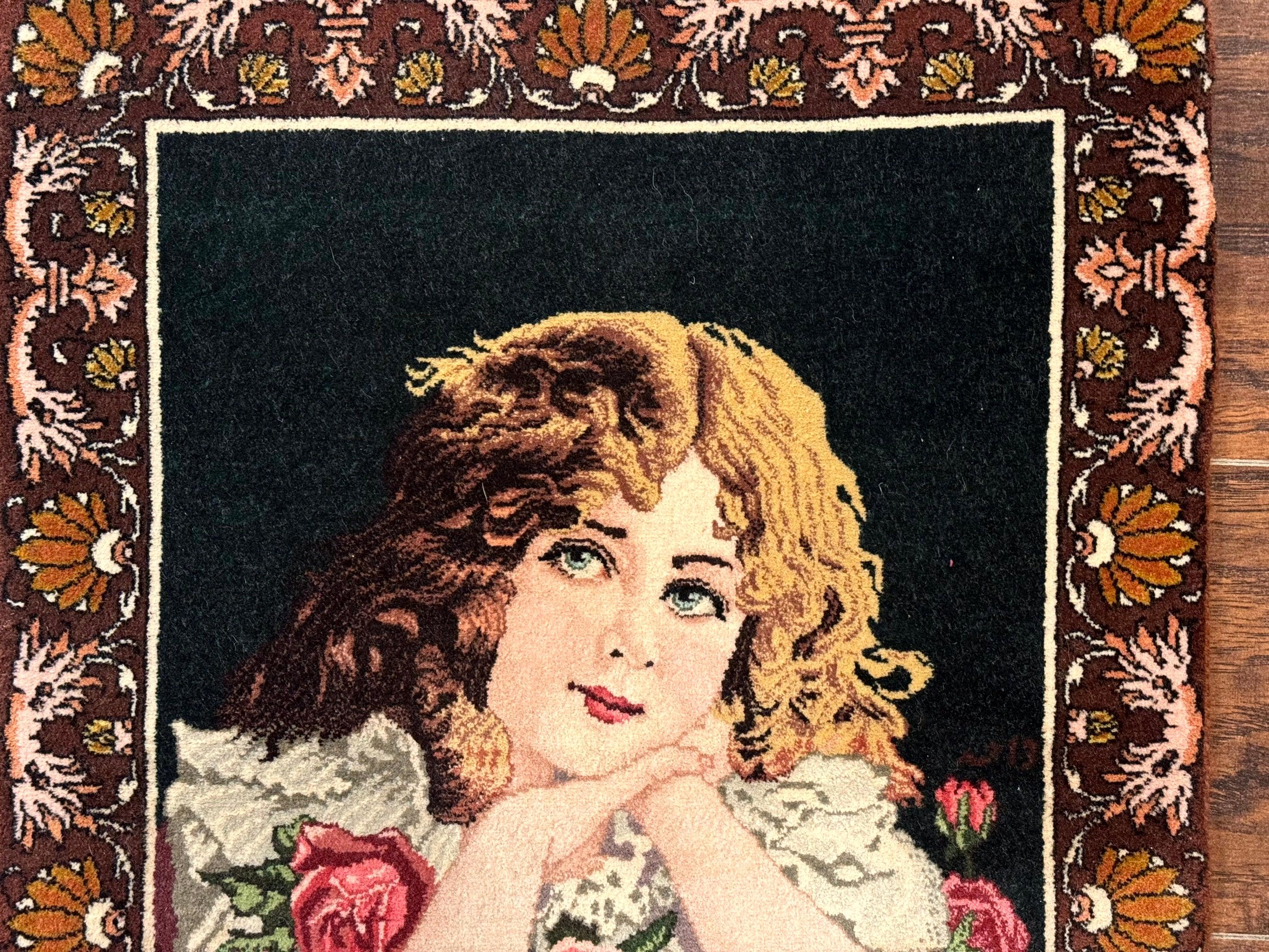 Small Persian Tabriz Pictorial Rug of Young Girl, Very Fine 380 KPSI, Portrait of Young Lady with Roses, Handmade, Persian Rug for Wall Hanging - Jewel Rugs
